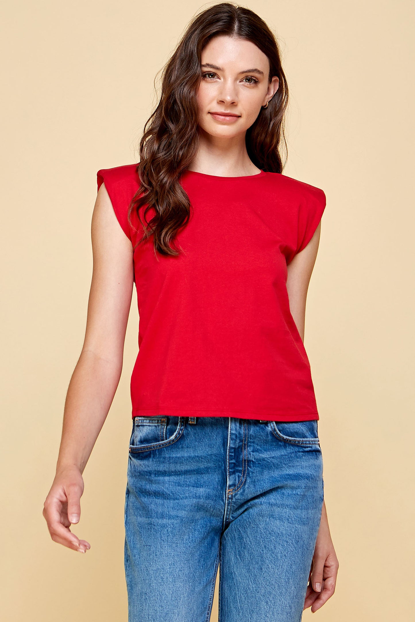 RED MUSCLE TEE WITH SHOULDER PADS