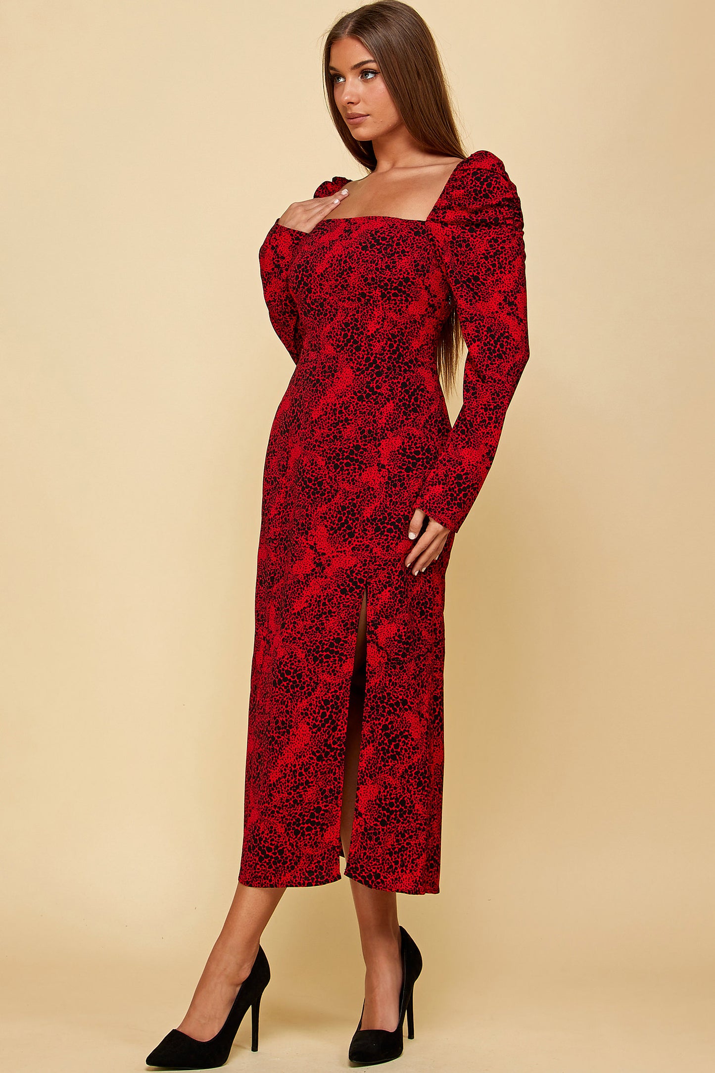 RED PRINTED MIDI WITH THIGH SLIT