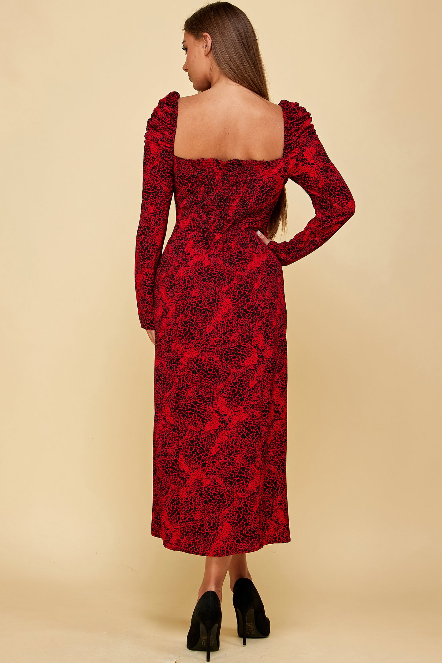 RED PRINTED MIDI WITH THIGH SLIT