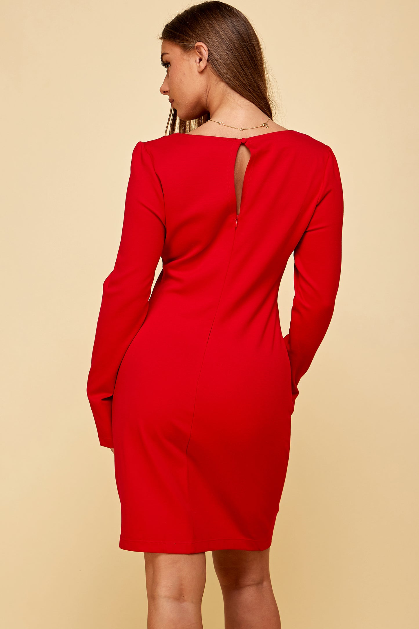 RED V-NECK LONG SLEEVE MINI DRESS