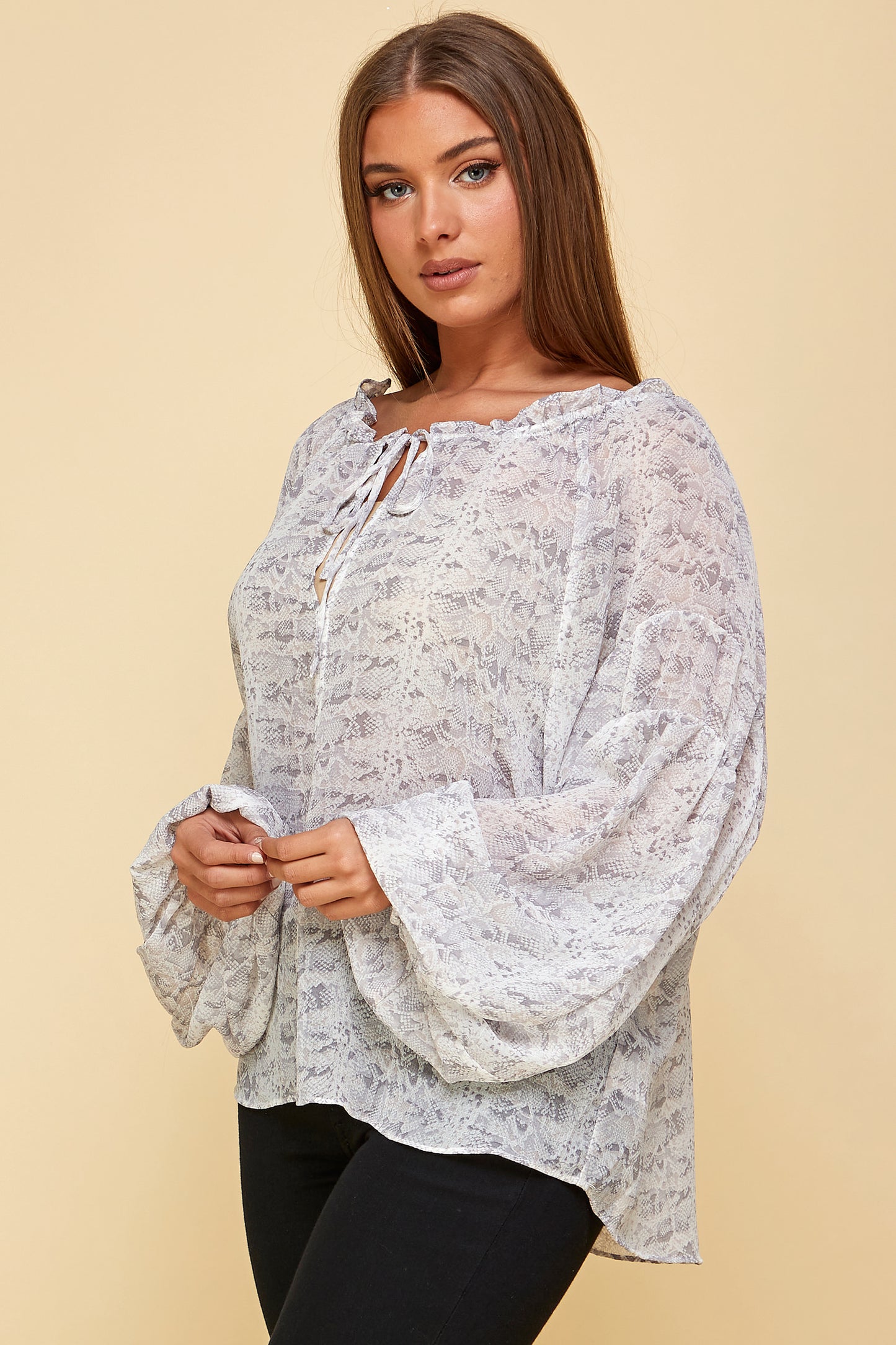 SNAKE PRINT SHEER PEASANT TOP WITH NECK TIE