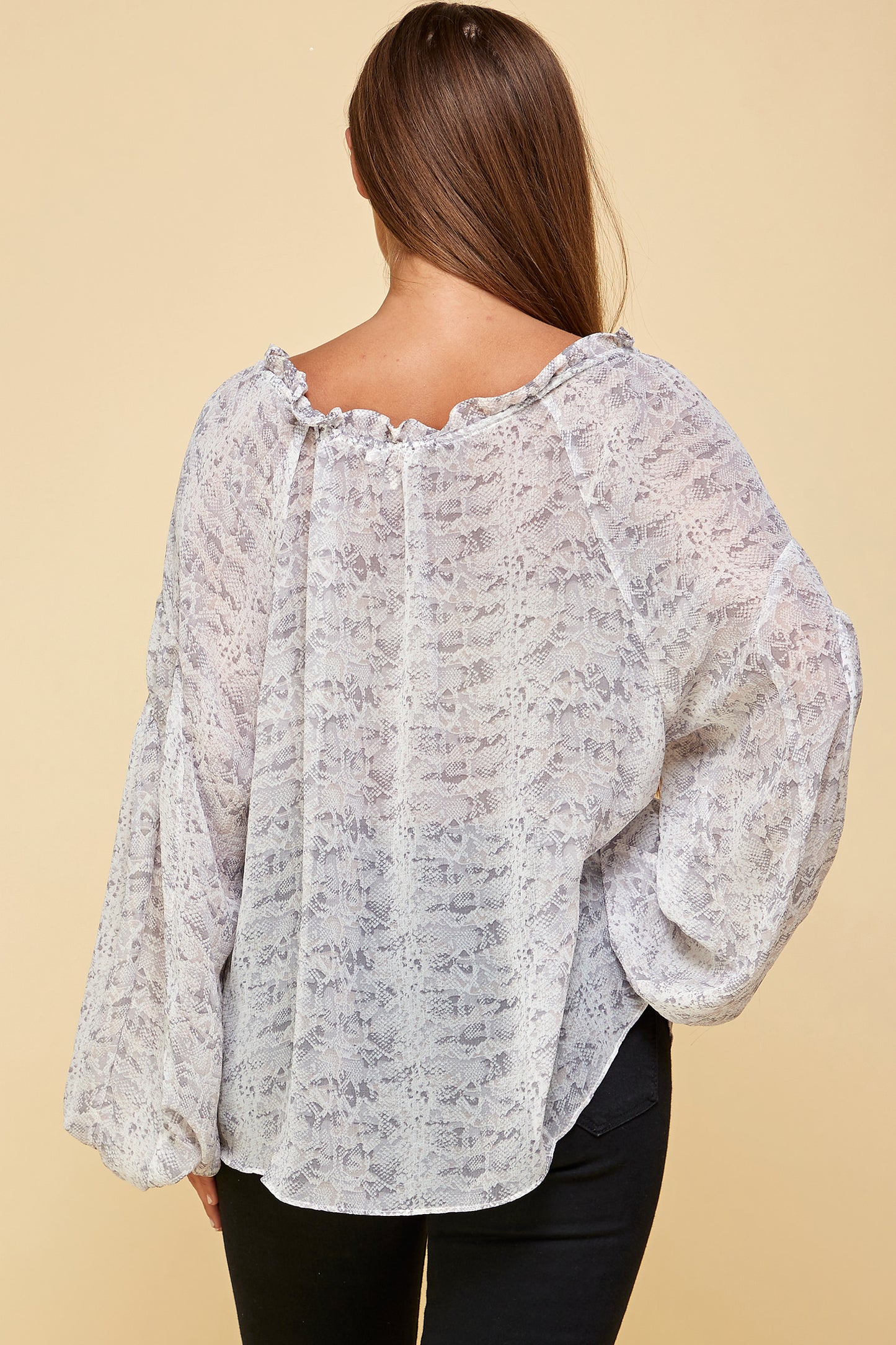 SNAKE PRINT SHEER PEASANT TOP WITH NECK TIE