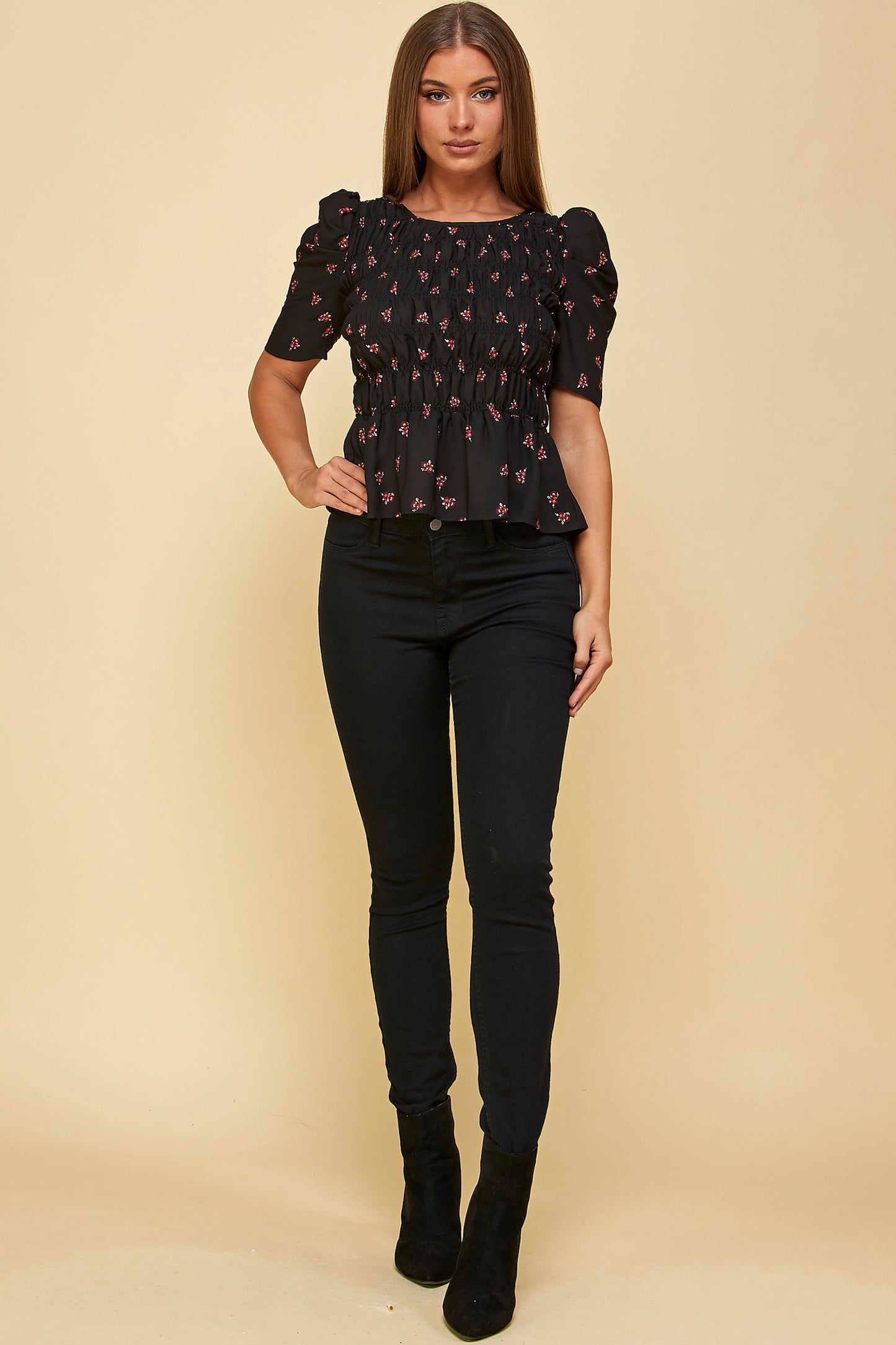 BLACK FLORAL SHORT SLEEVE PEPLUM TOP