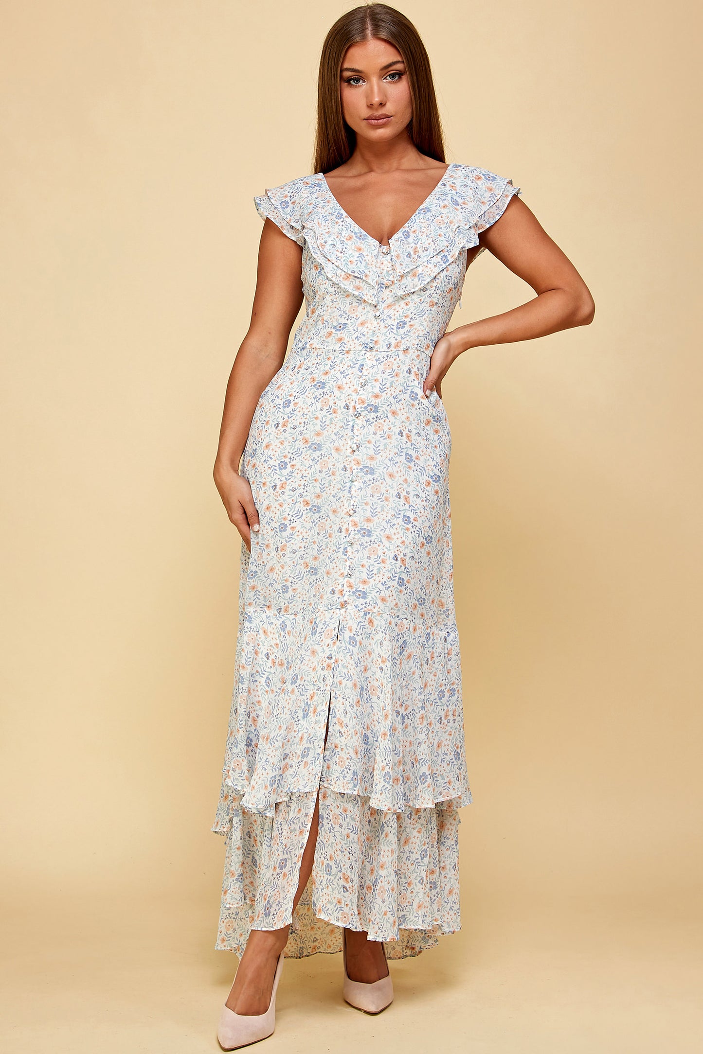 FLORAL MIDI HIGH LOW FLOUNCE DRESS