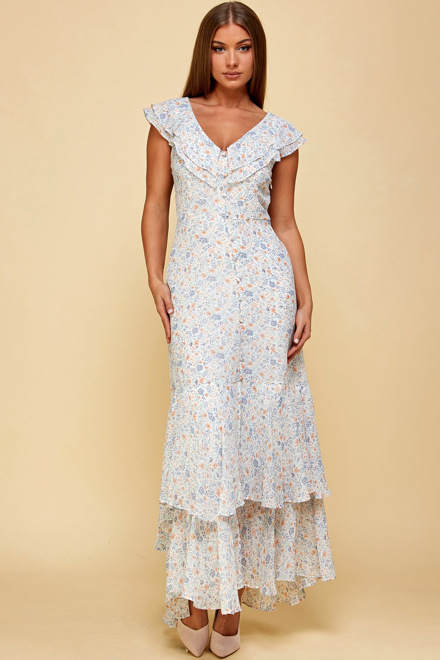 FLORAL MIDI HIGH LOW FLOUNCE DRESS