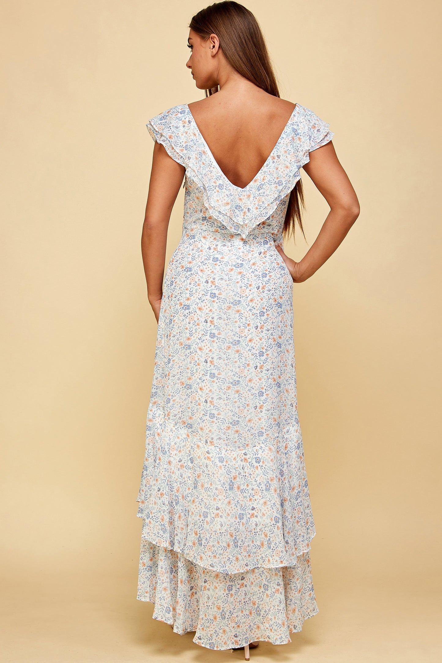 FLORAL MIDI HIGH LOW FLOUNCE DRESS