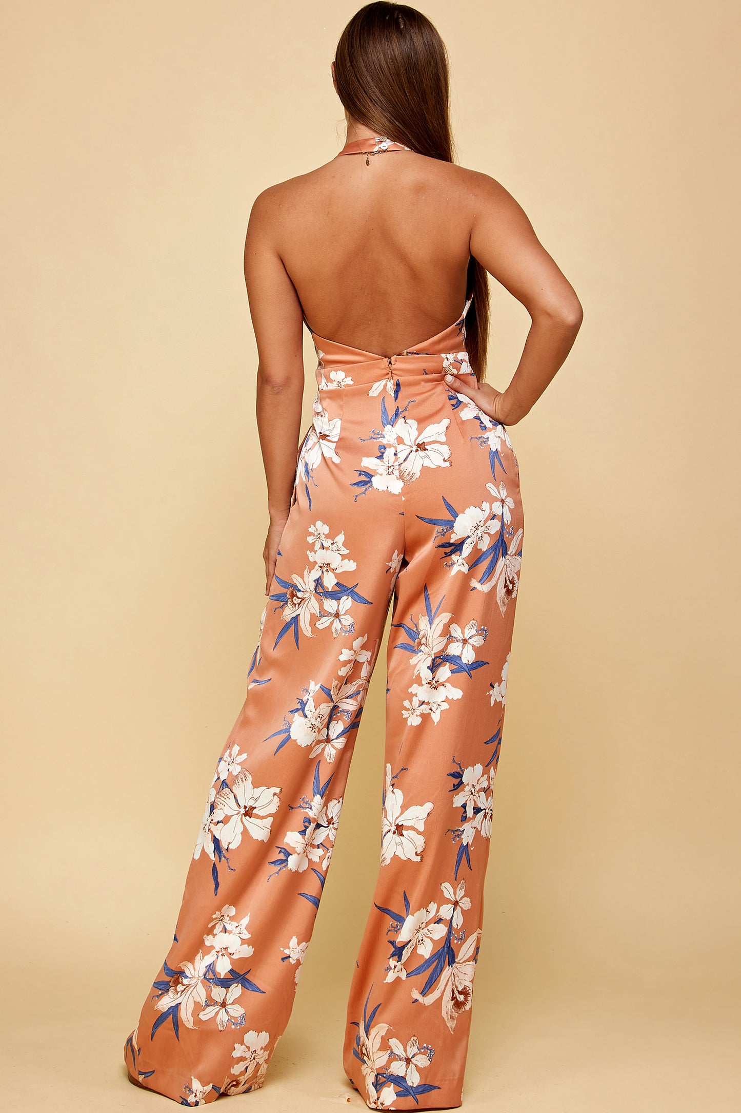 FLORAL SILK HALTER JUMPSUIT