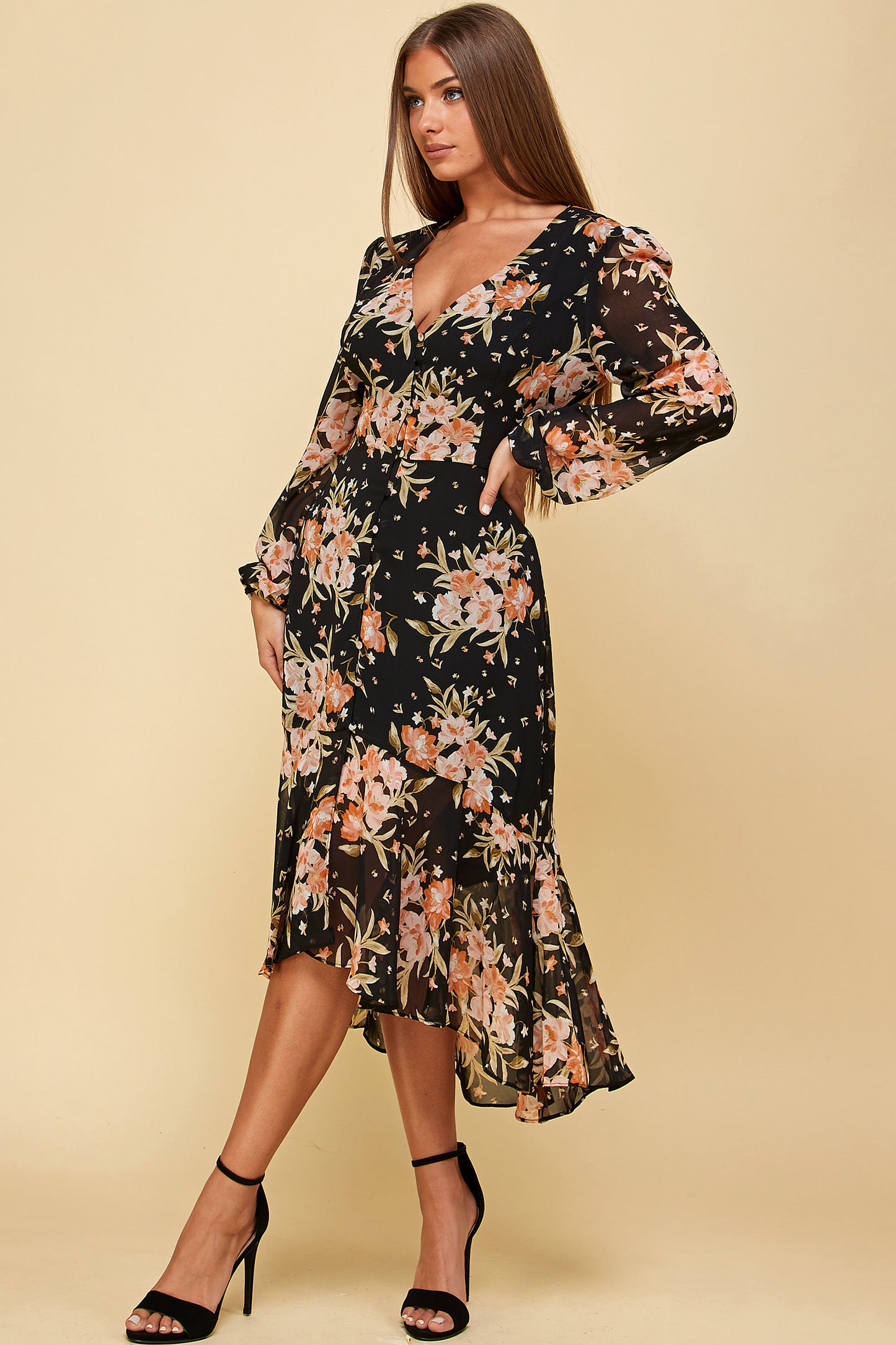 LONG SLEEVE FLORAL MIDI DRESS