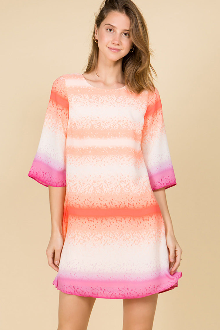 HALF SLEEVE TIE-DYE CORAL PINK SHIFT DRESS