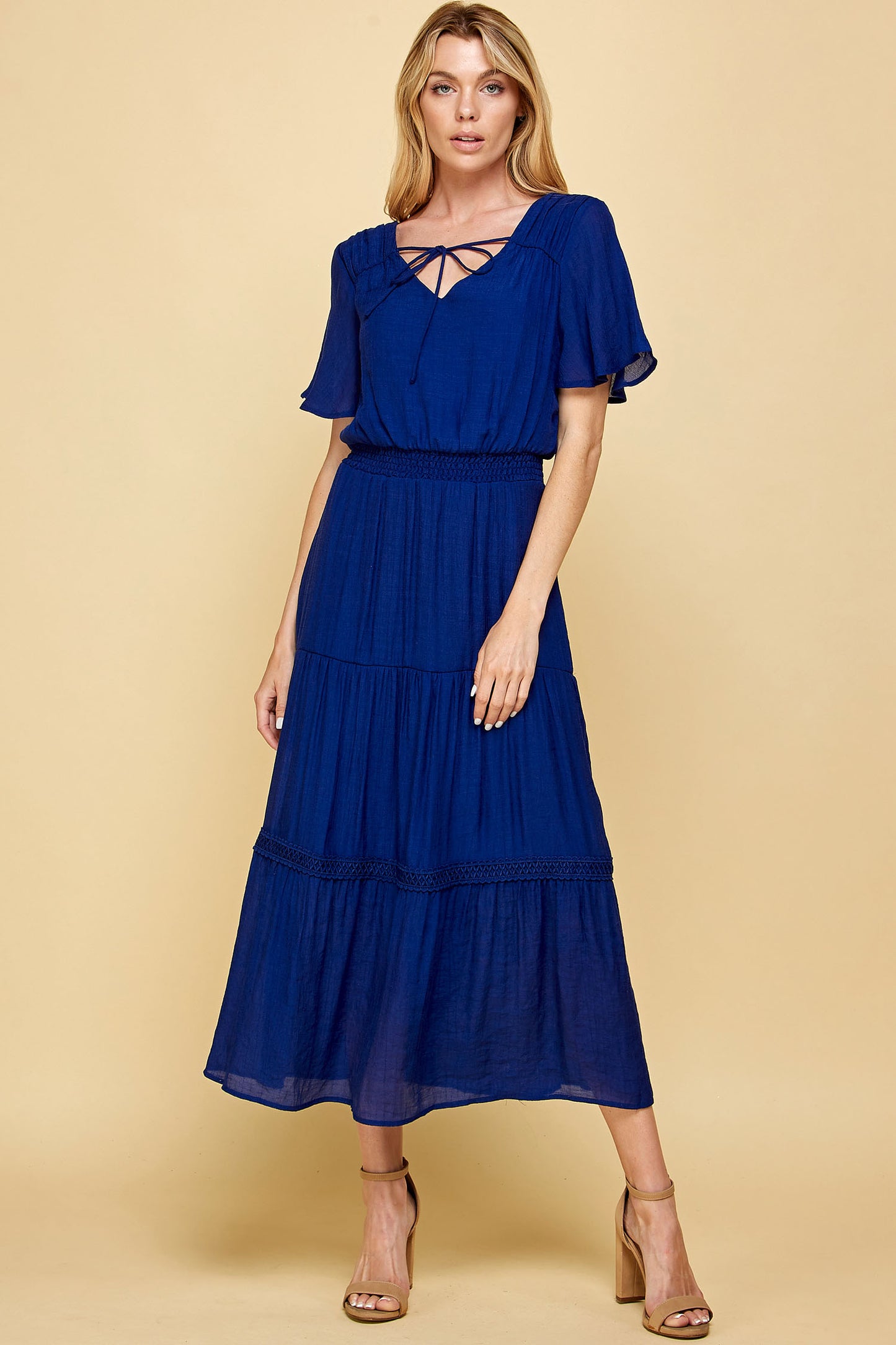 KEYHOLE SMOCKED WAIST CROCHET TIER MAXI DRESS IN PURPLE