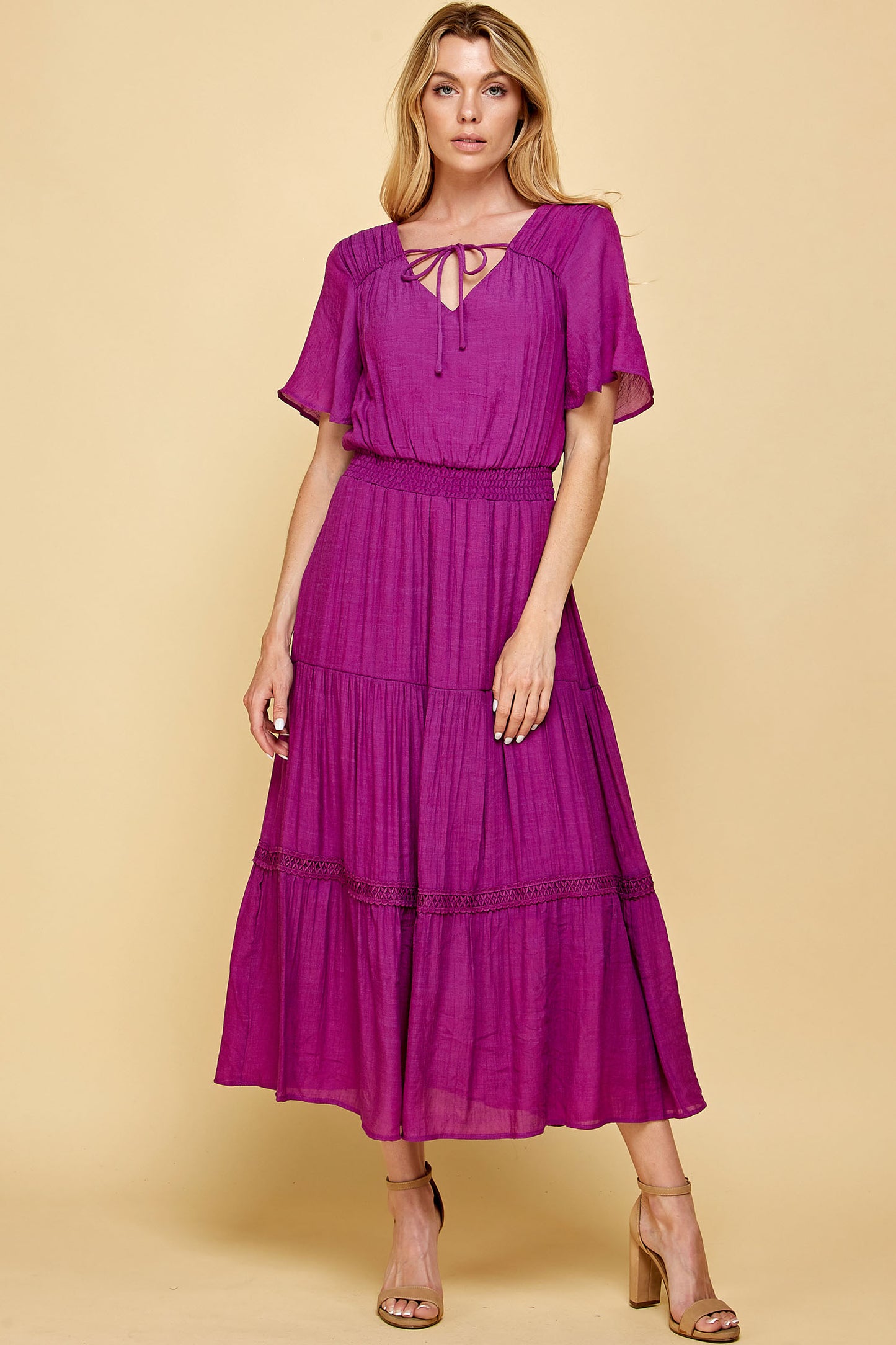 KEYHOLE SMOCKED WAIST CROCHET TIER MAXI DRESS IN PURPLE