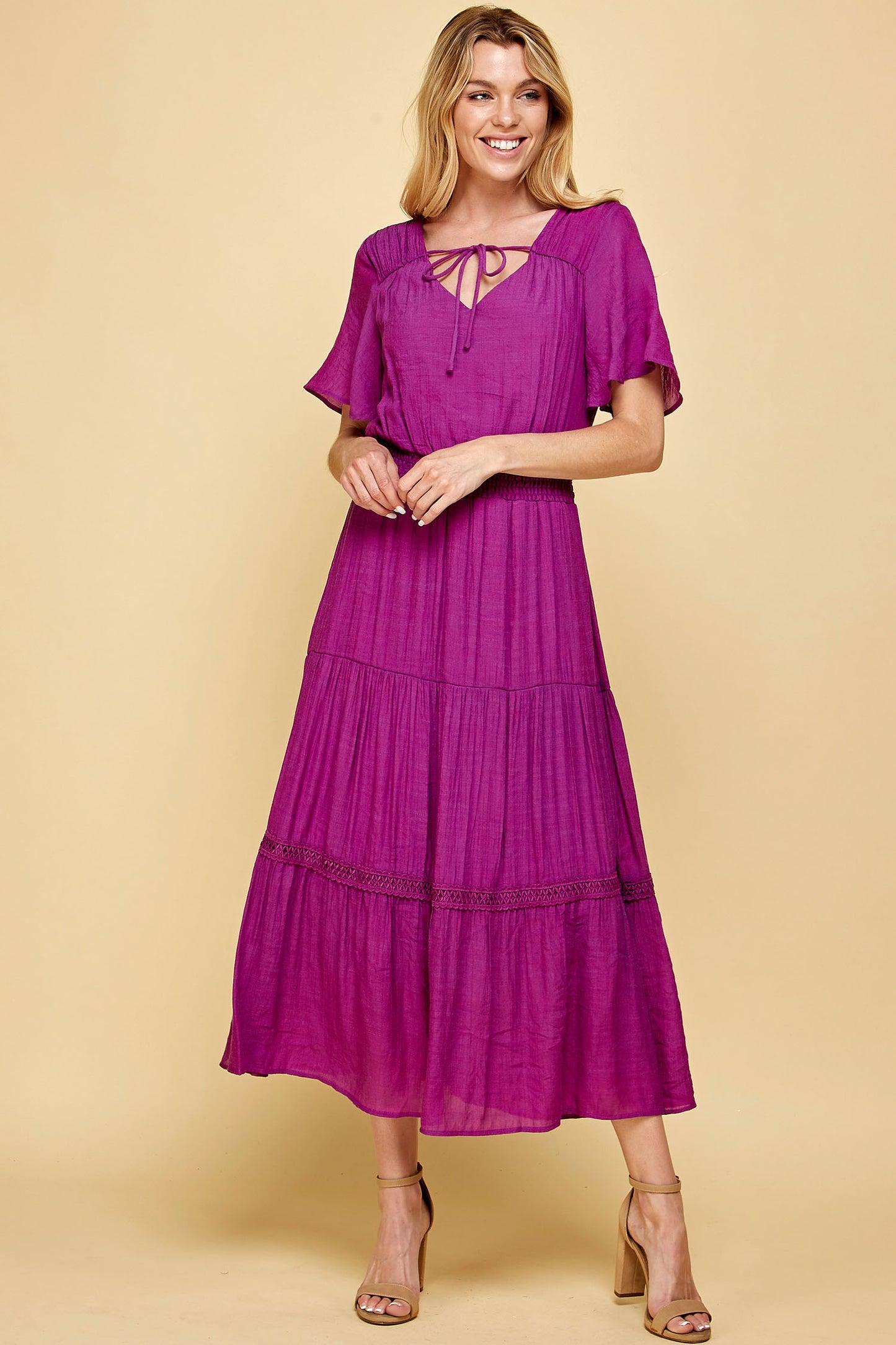 KEYHOLE SMOCKED WAIST CROCHET TIER MAXI DRESS IN PURPLE