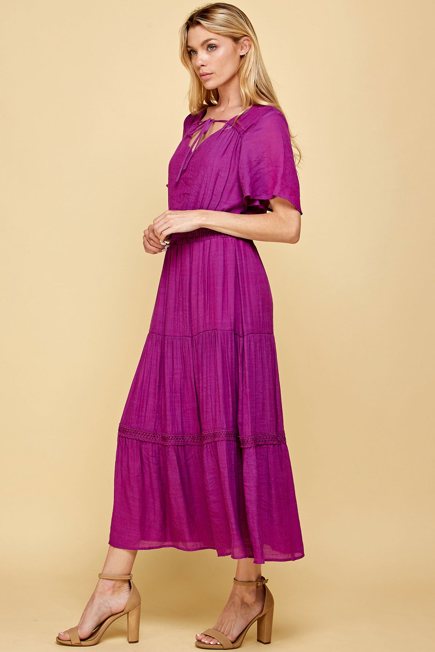 KEYHOLE SMOCKED WAIST CROCHET TIER MAXI DRESS IN PURPLE