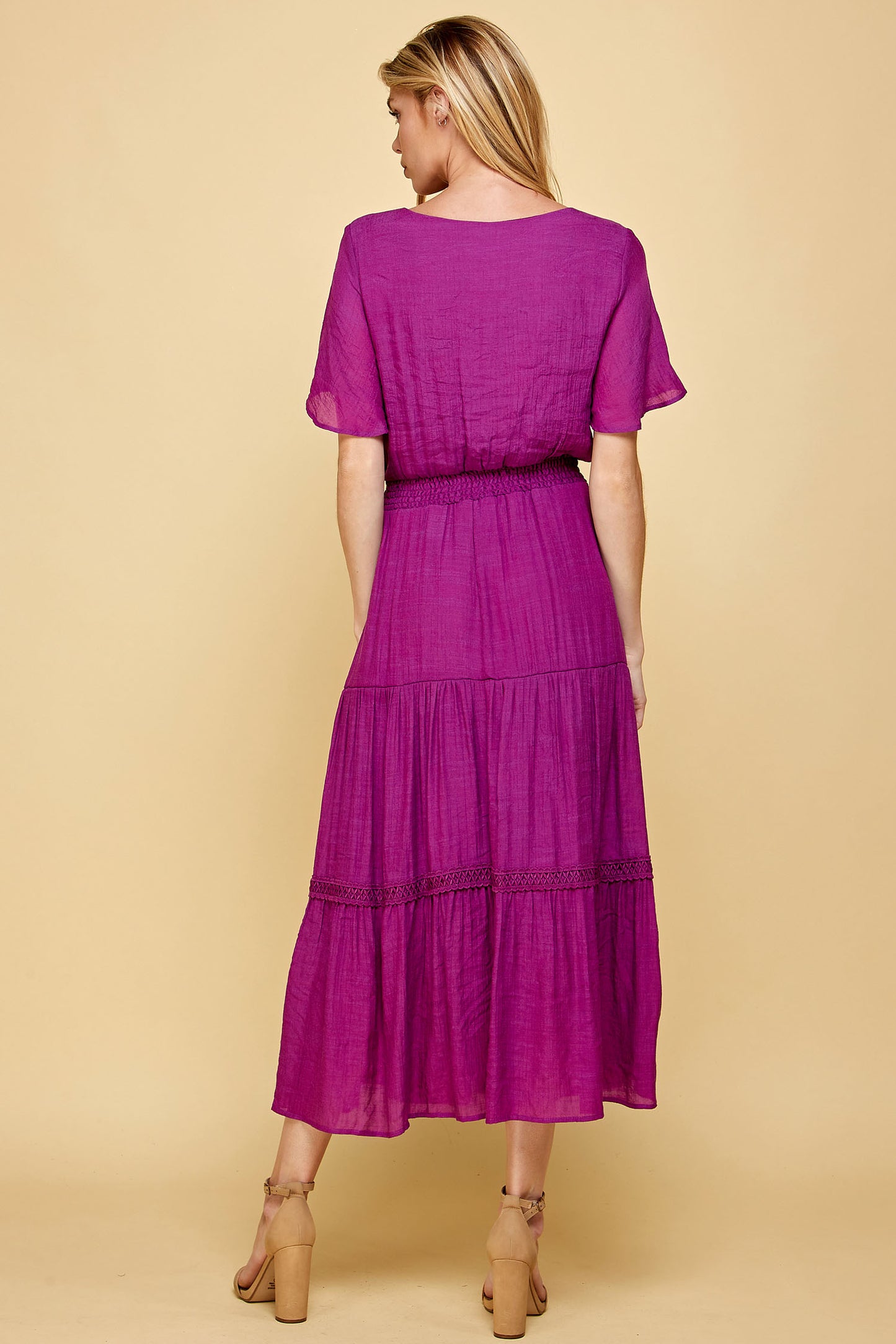 KEYHOLE SMOCKED WAIST CROCHET TIER MAXI DRESS IN PURPLE