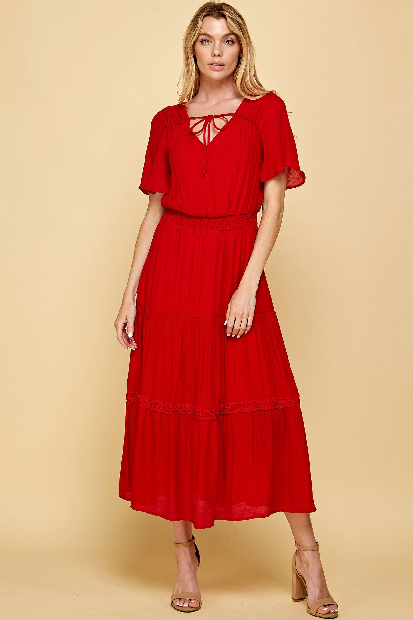 KEYHOLE SMOCKED WAIST CROCHET TIER MAXI DRESS IN RED