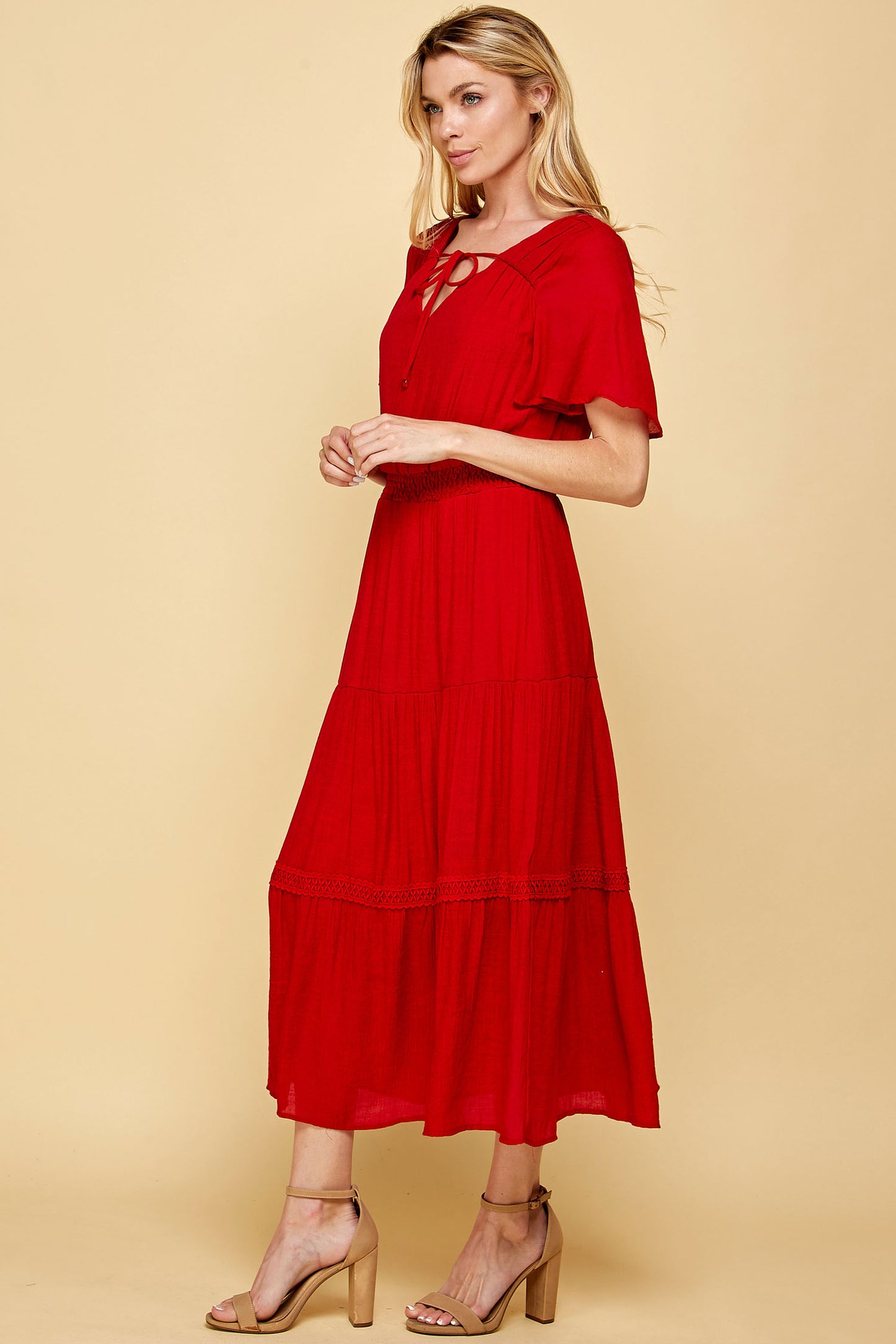 KEYHOLE SMOCKED WAIST CROCHET TIER MAXI DRESS IN RED