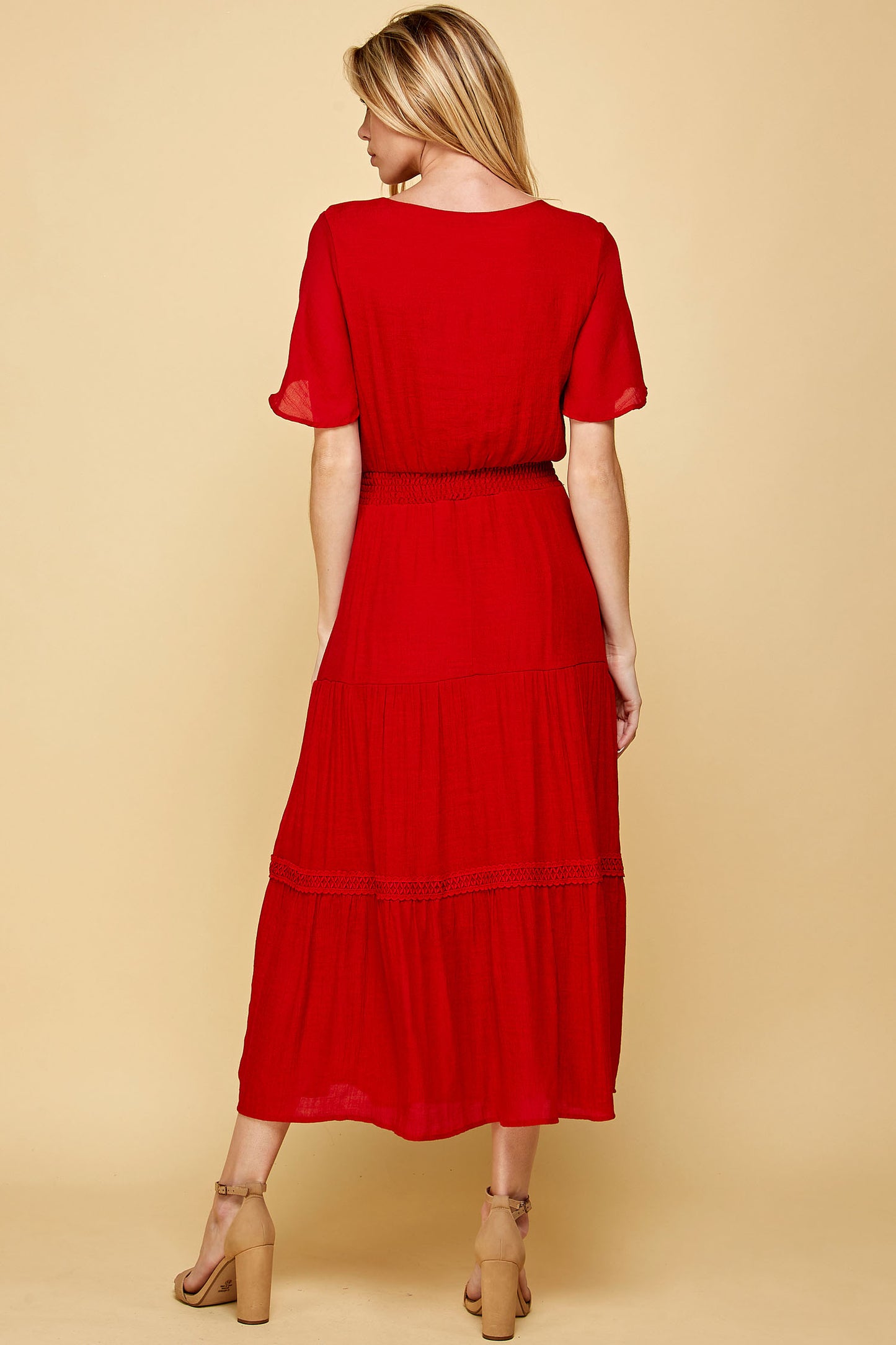 KEYHOLE SMOCKED WAIST CROCHET TIER MAXI DRESS IN RED