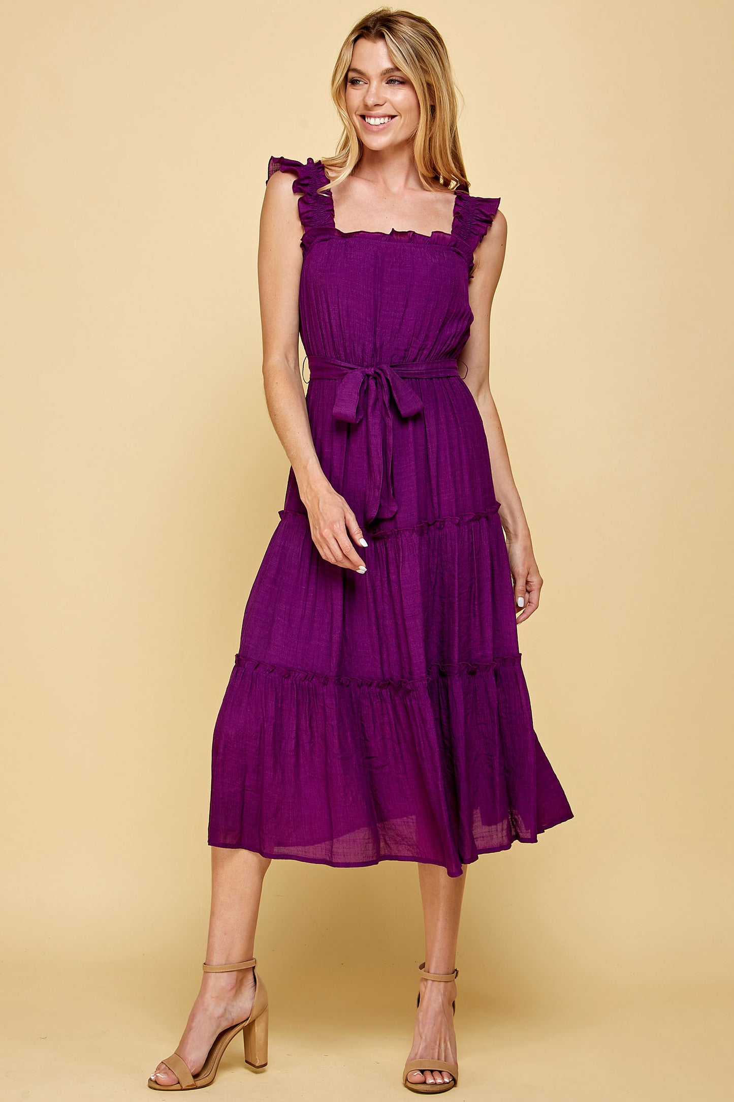 PINK RUFFLED SLEEVELESS MIDI DRESS