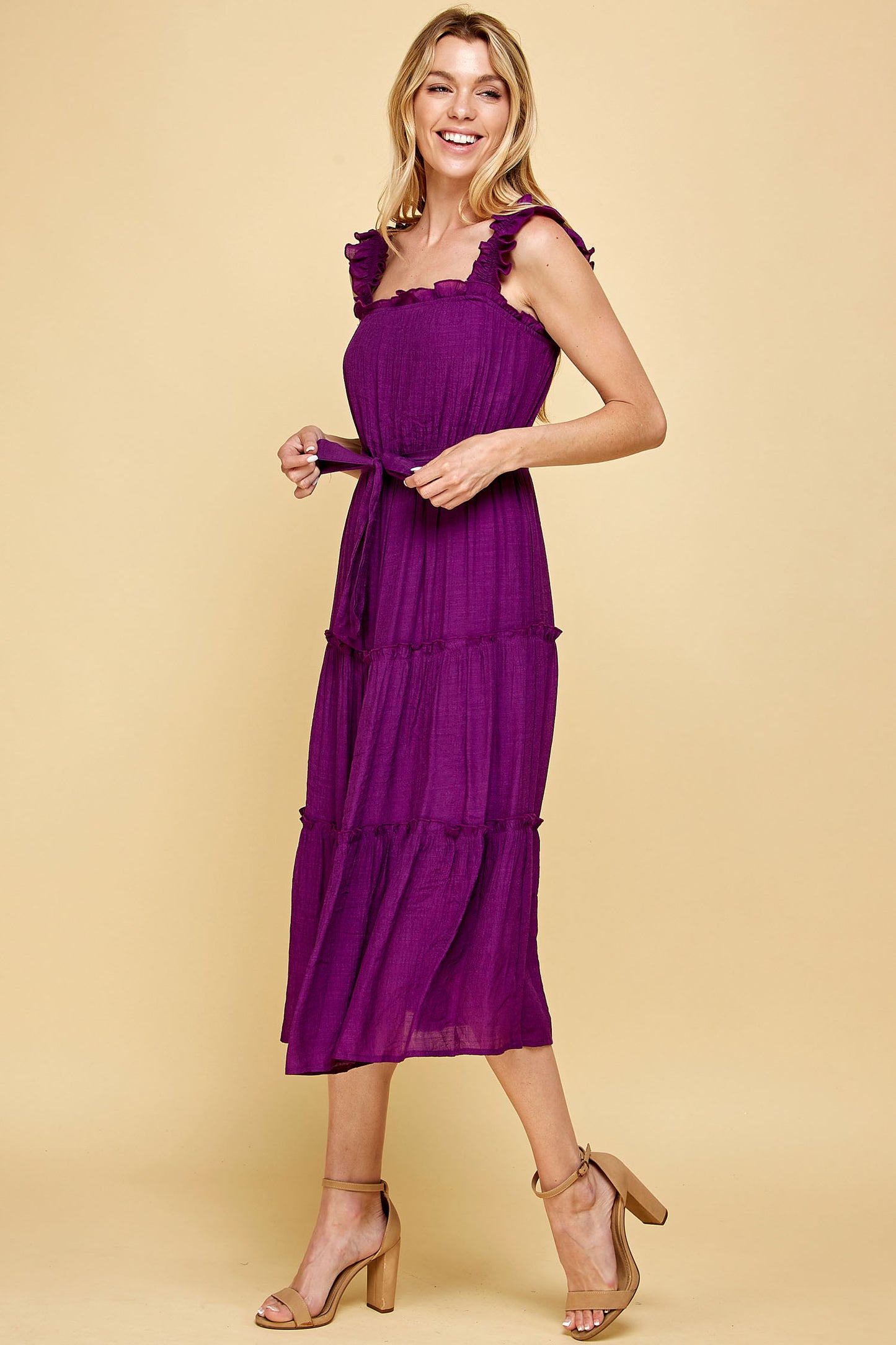 PURPLE RUFFLED SLEEVELESS MIDI DRESS