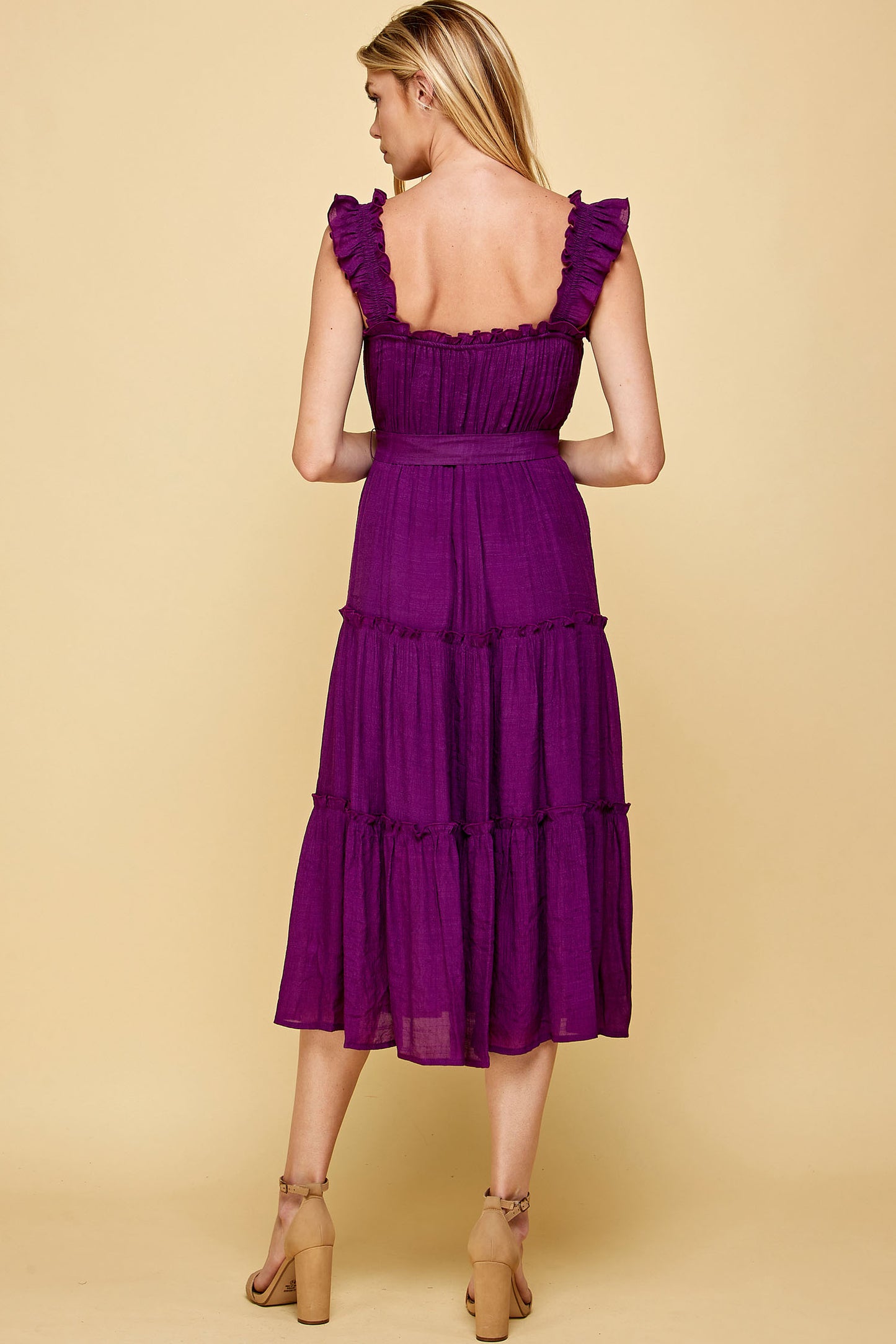 PURPLE RUFFLED SLEEVELESS MIDI DRESS