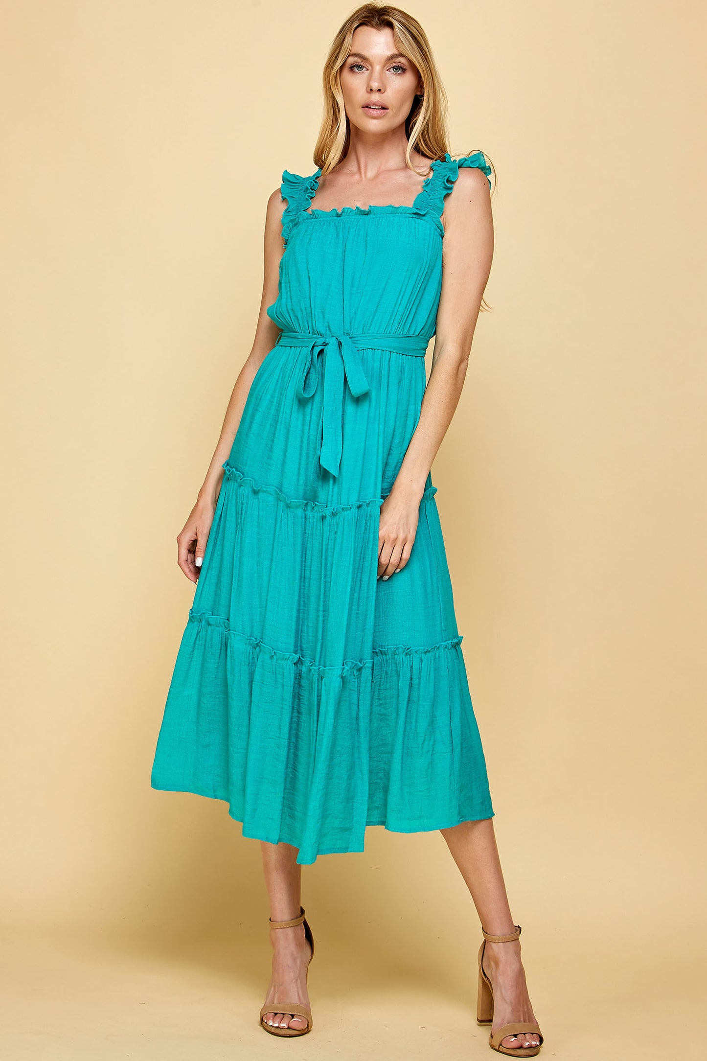 TEAL RUFFLED SLEEVELESS MIDI DRESS