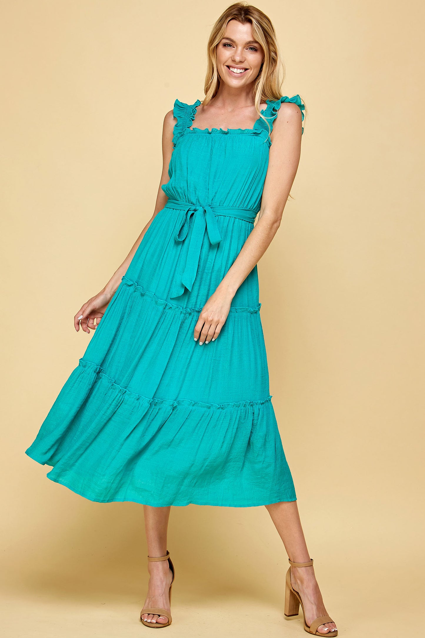 PINK RUFFLED SLEEVELESS MIDI DRESS