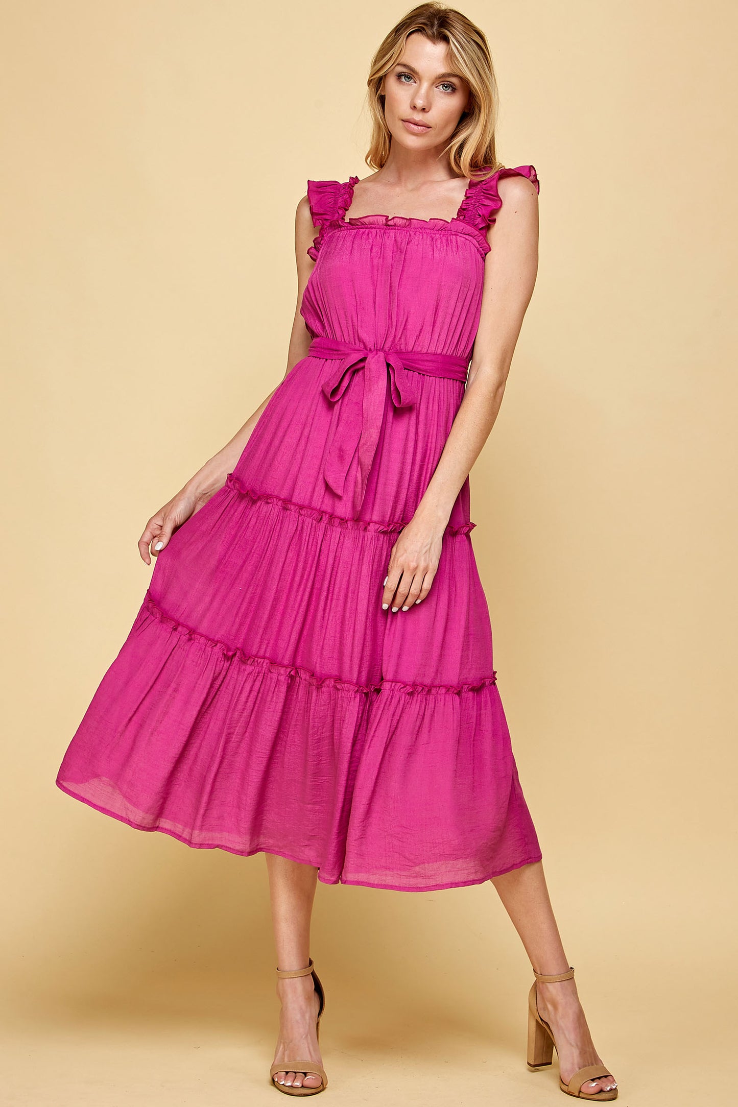 BLUE RUFFLED SLEEVELESS MIDI DRESS