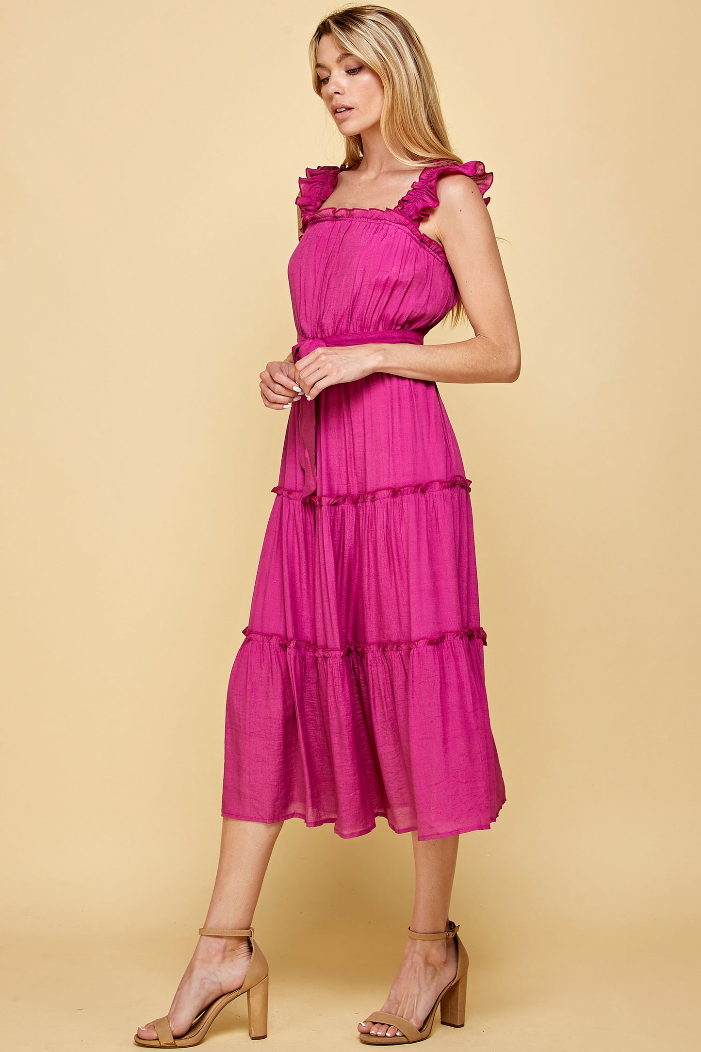 PINK RUFFLED SLEEVELESS MIDI DRESS