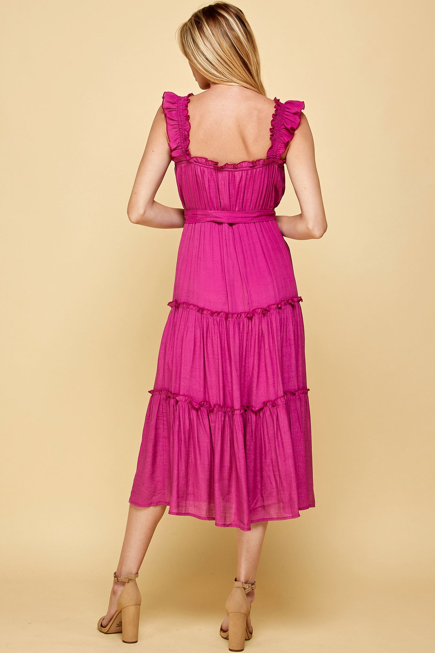 PINK RUFFLED SLEEVELESS MIDI DRESS