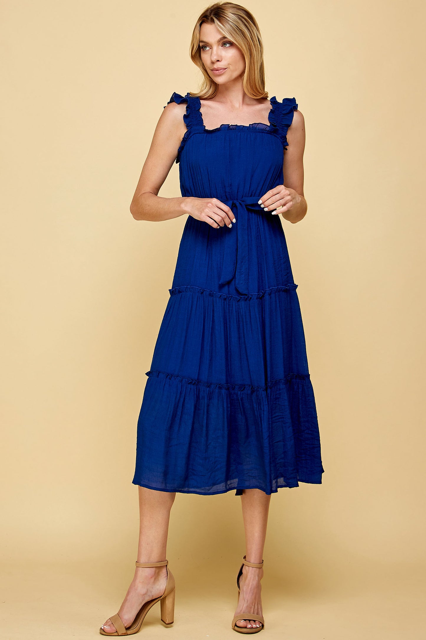 TEAL RUFFLED SLEEVELESS MIDI DRESS