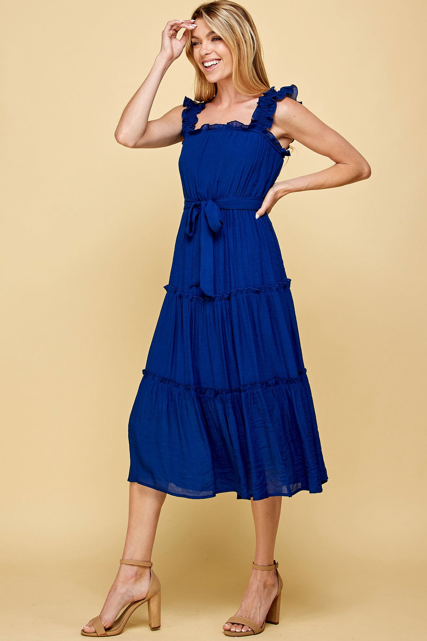 BLUE RUFFLED SLEEVELESS MIDI DRESS
