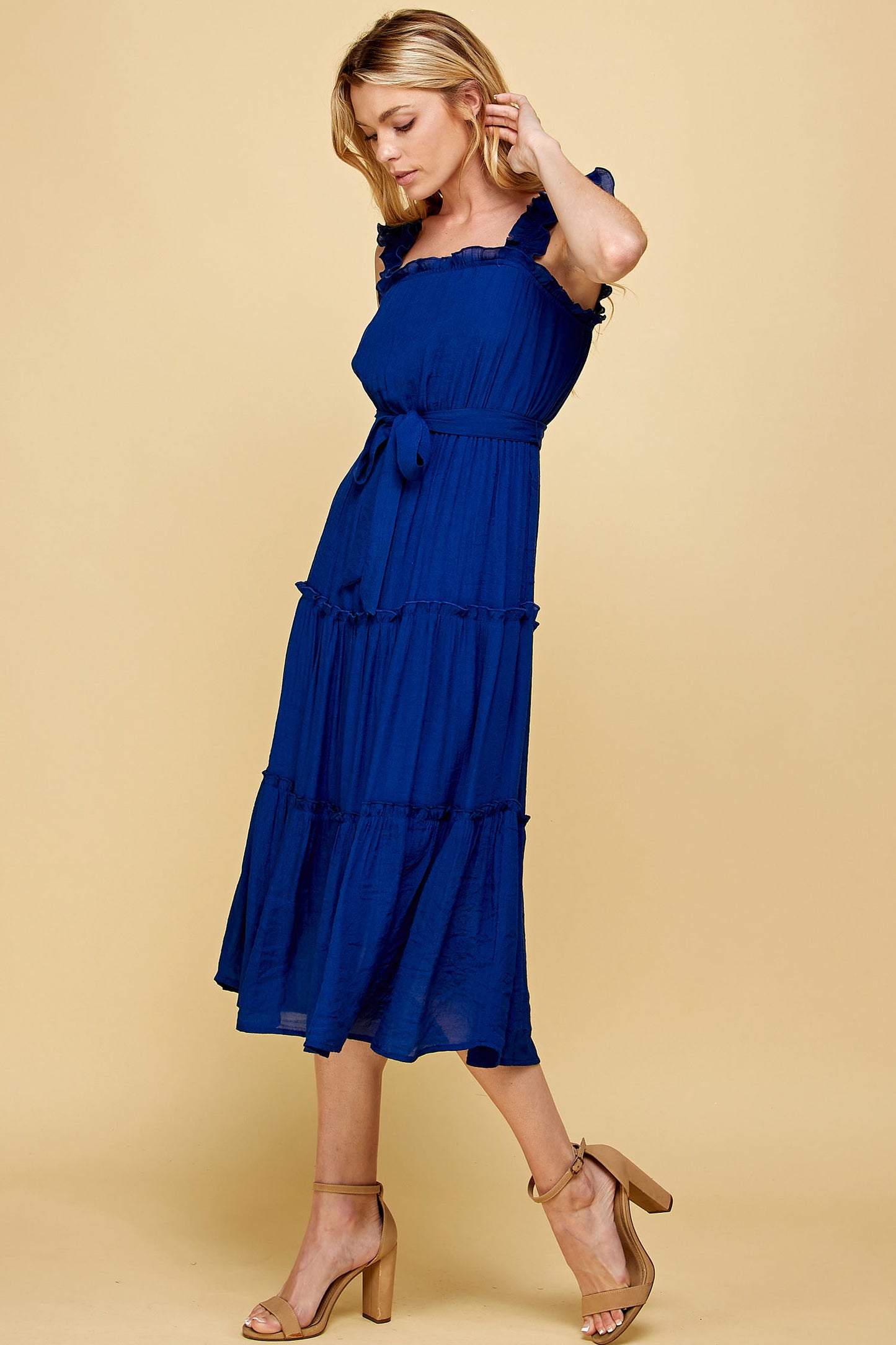 BLUE RUFFLED SLEEVELESS MIDI DRESS