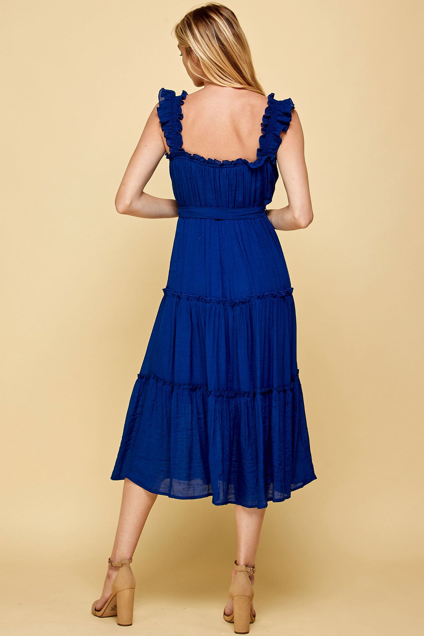BLUE RUFFLED SLEEVELESS MIDI DRESS