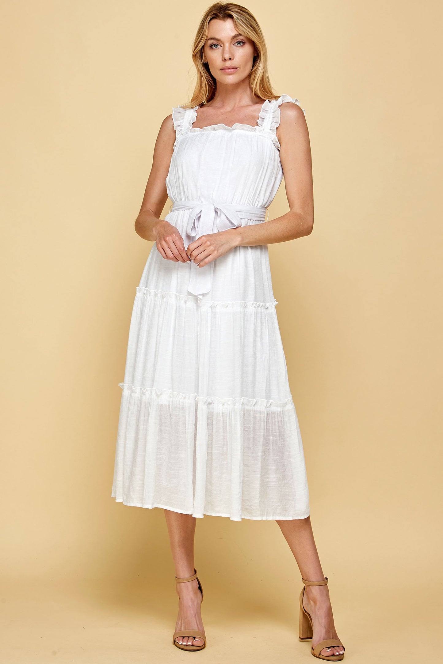 PINK RUFFLED SLEEVELESS MIDI DRESS