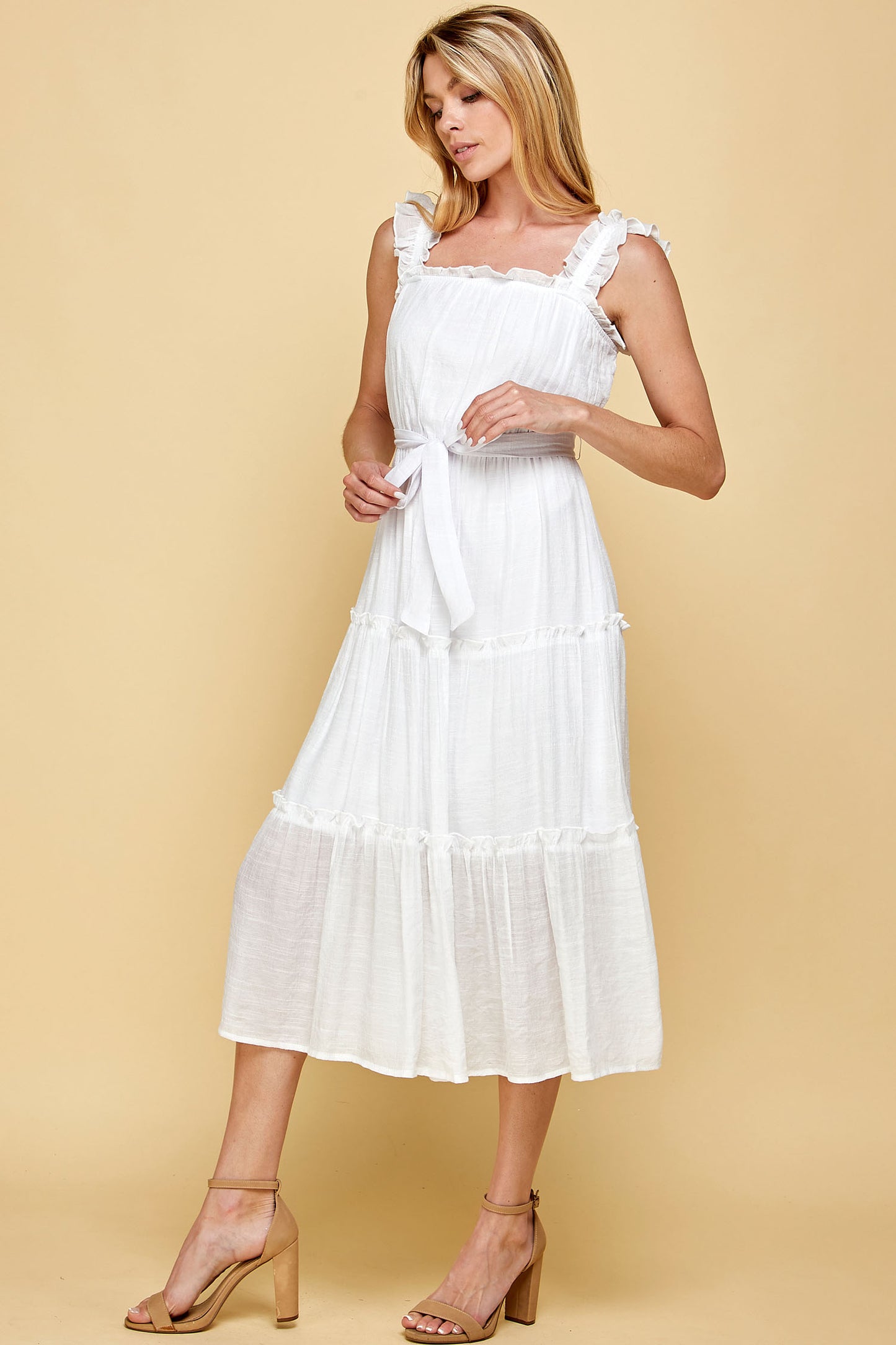 WHITE RUFFLED SLEEVELESS MIDI DRESS