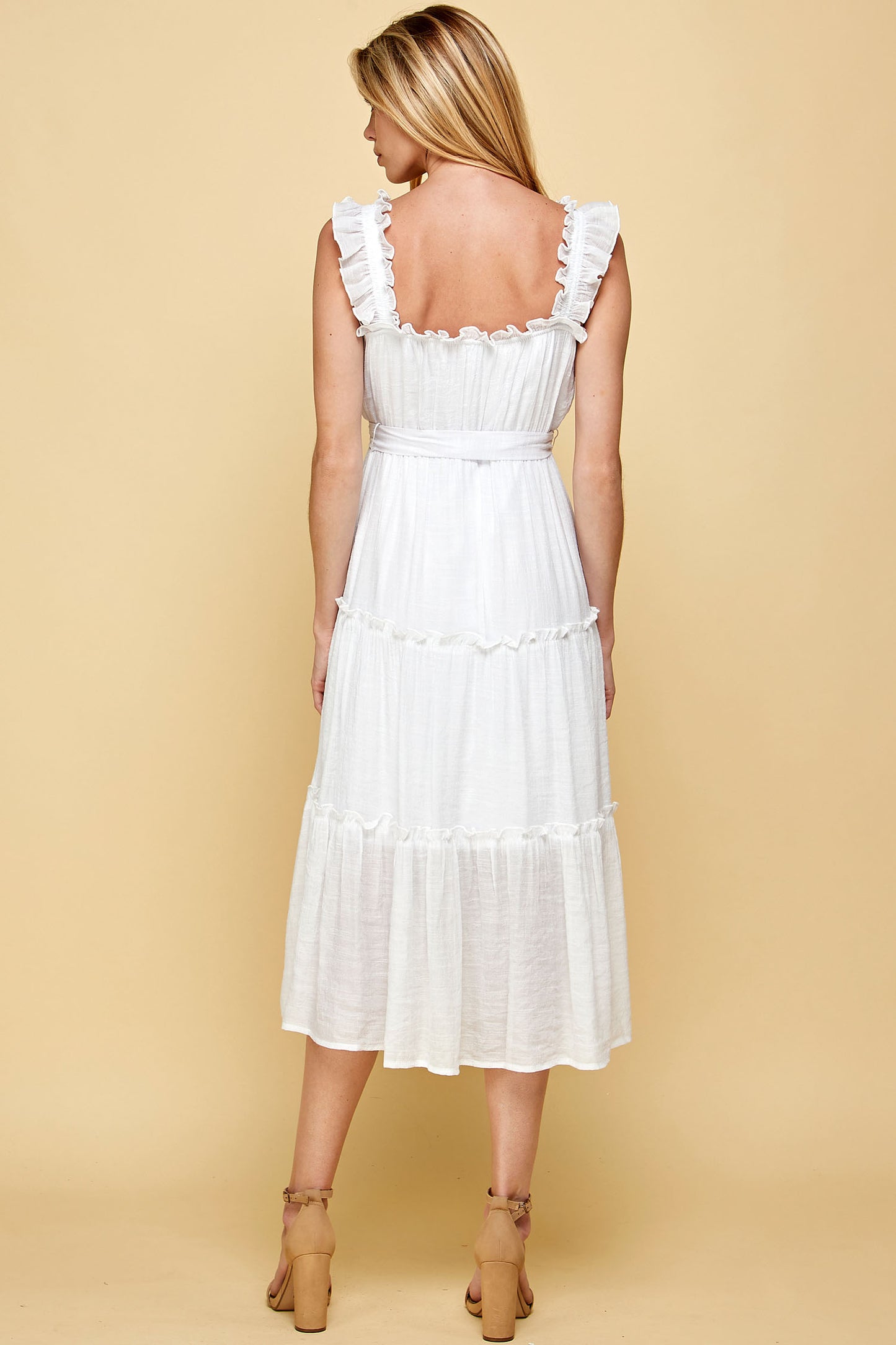WHITE RUFFLED SLEEVELESS MIDI DRESS