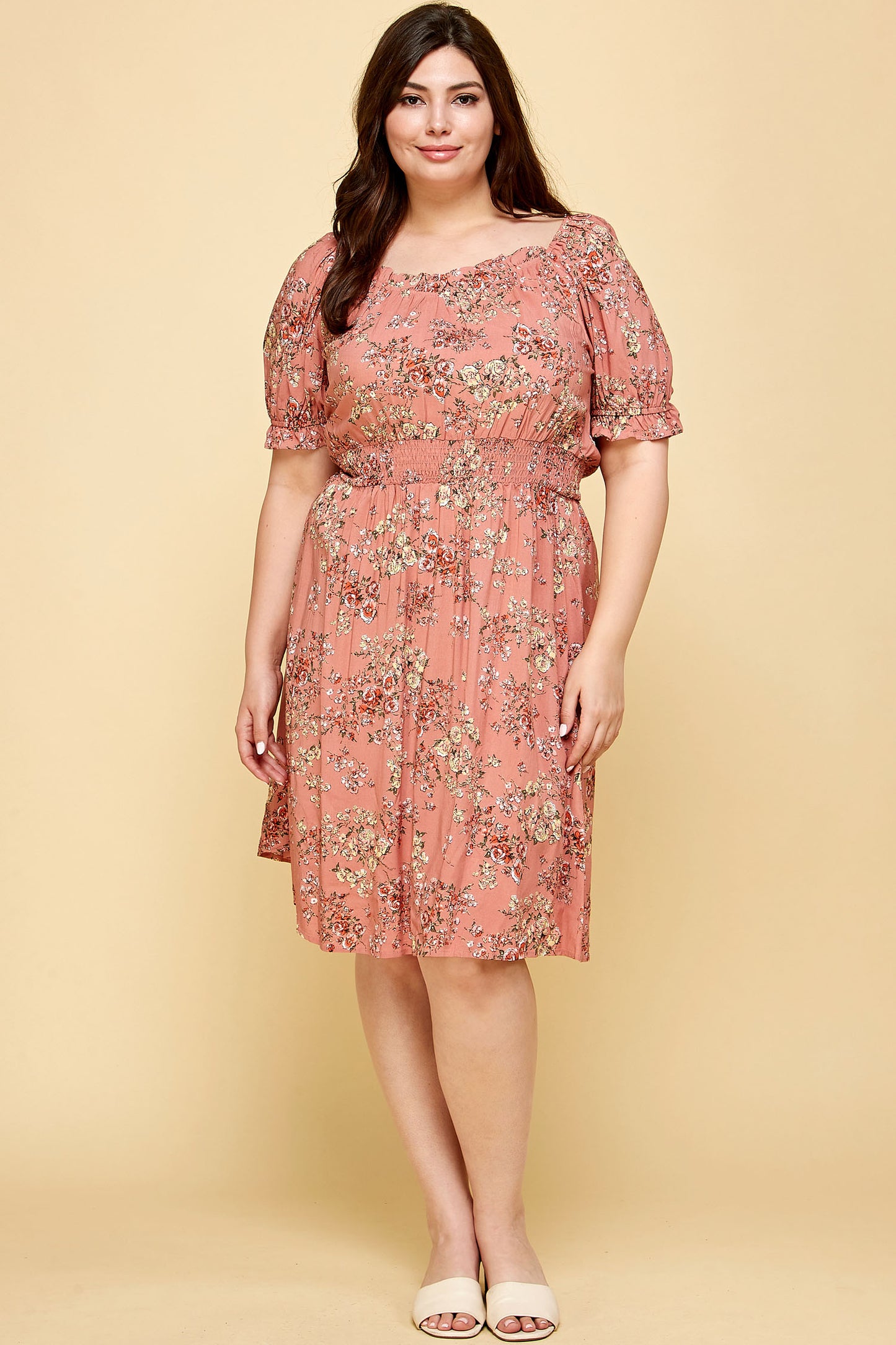 PLUS SIZE PEASANT SMOCKED WAIST DRESS IN PINK