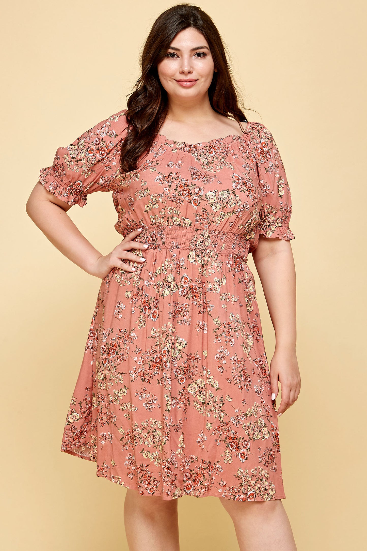 PLUS SIZE PEASANT SMOCKED WAIST DRESS IN PINK