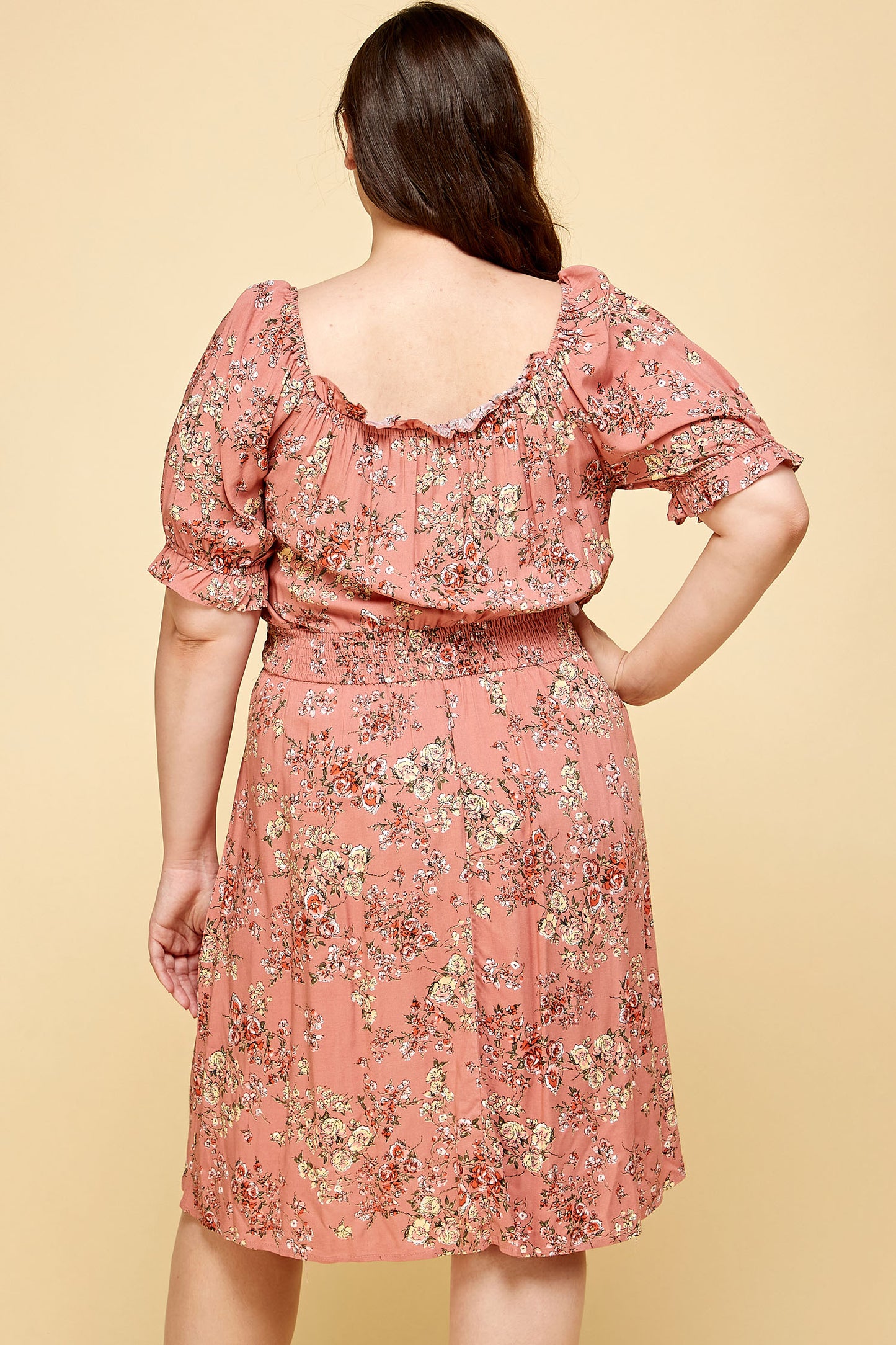 PLUS SIZE PEASANT SMOCKED WAIST DRESS IN PINK