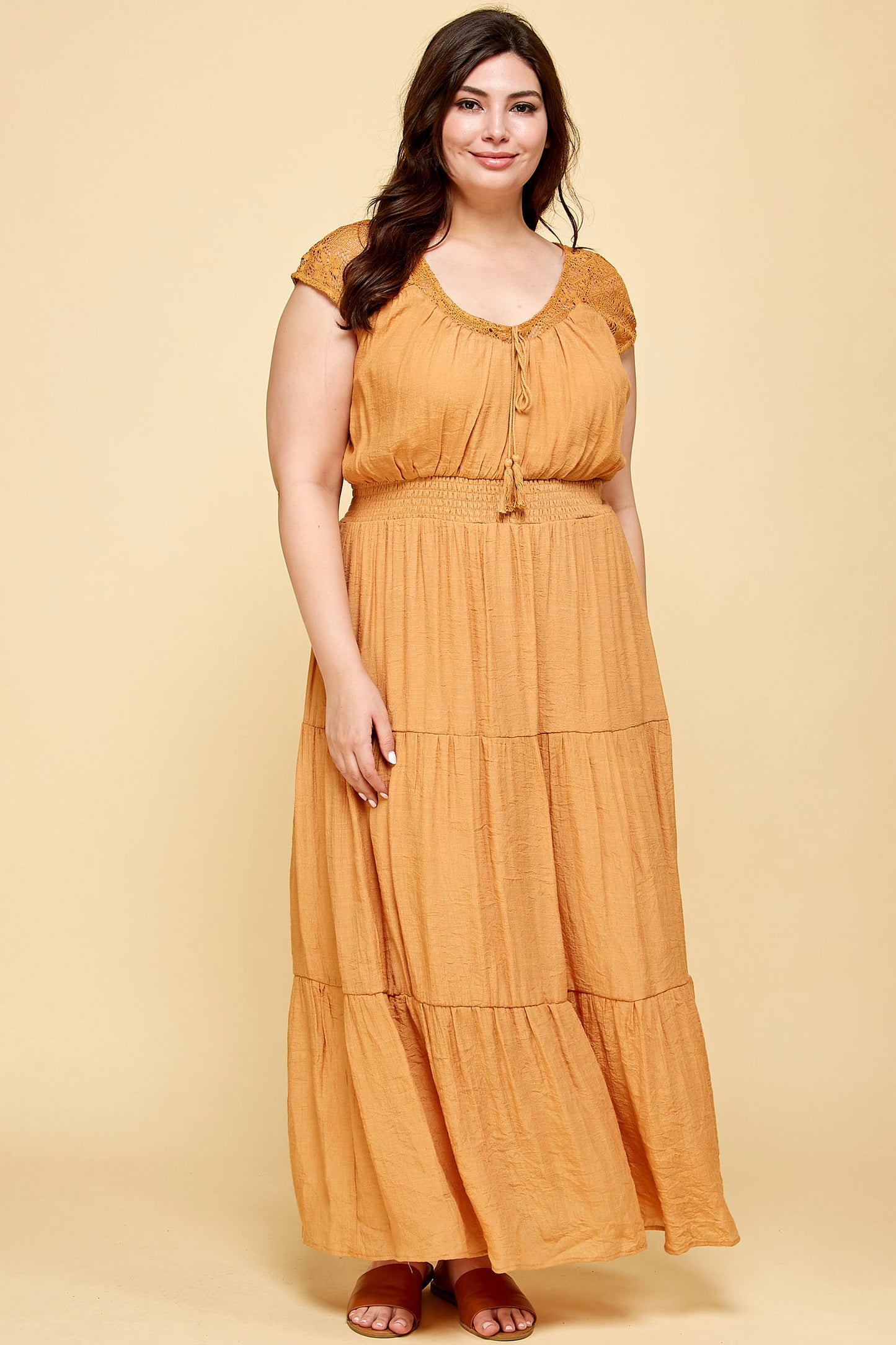 PLUS SIZE LACE TOP TASSEL SMOCKED WAIST TIER MAXI IN MUSTARD