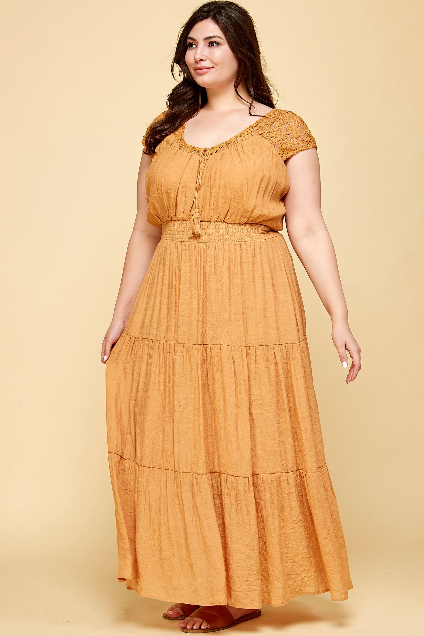 PLUS SIZE LACE TOP TASSEL SMOCKED WAIST TIER MAXI IN GOLD
