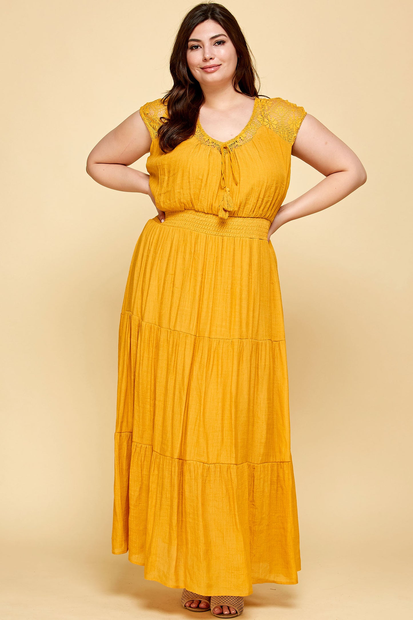 PLUS SIZE LACE TOP TASSEL SMOCKED WAIST TIER MAXI IN MAGENTA