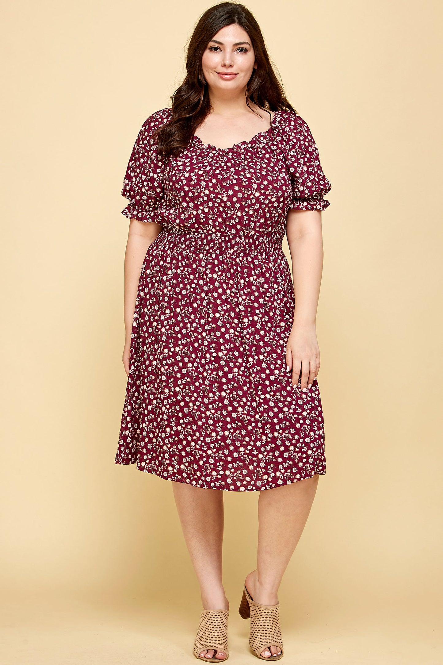PLUS SIZE PEASANT SMOCKED WAIST DRESS IN PURPLE