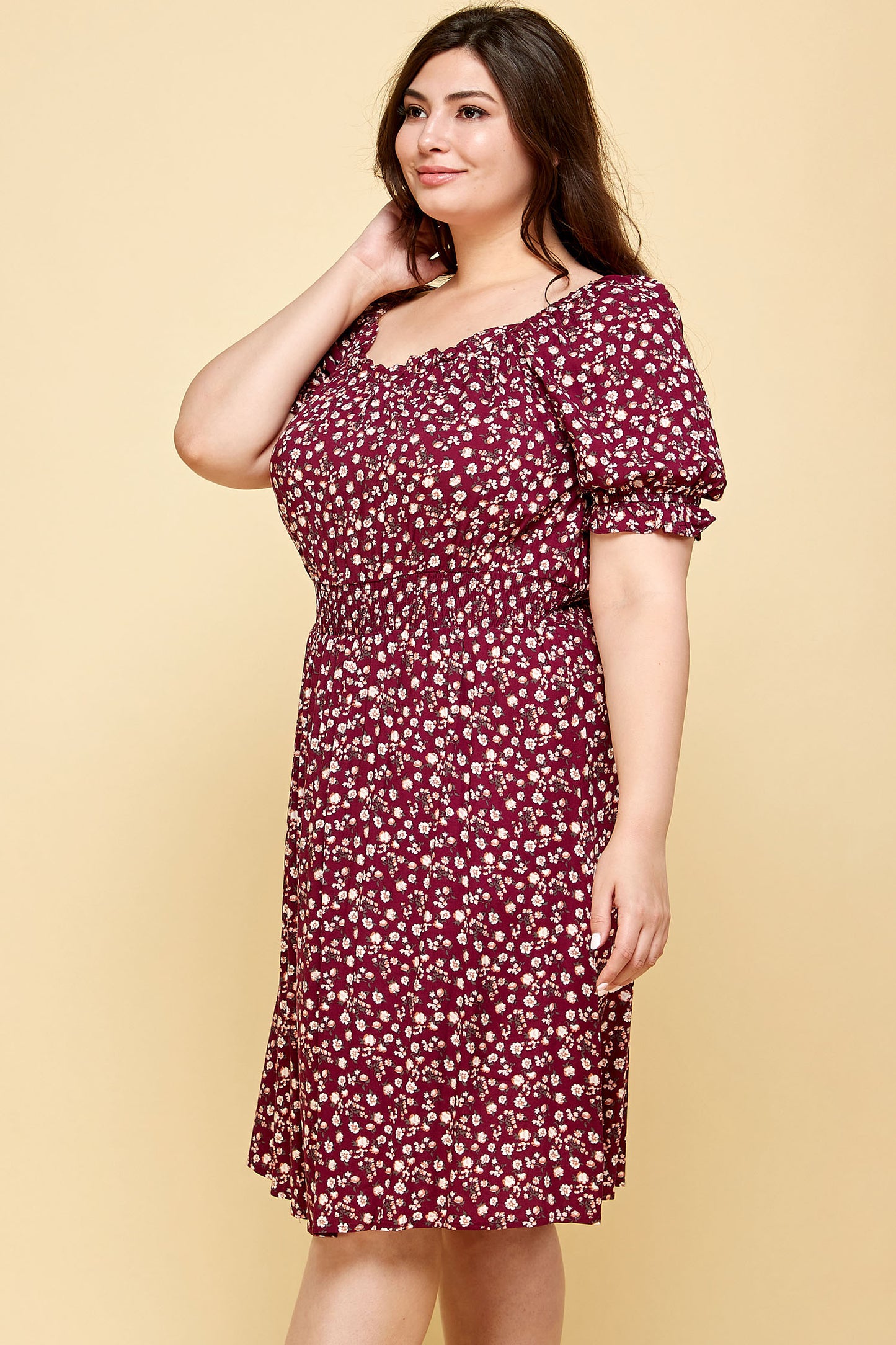 PLUS SIZE PEASANT SMOCKED WAIST DRESS IN PURPLE