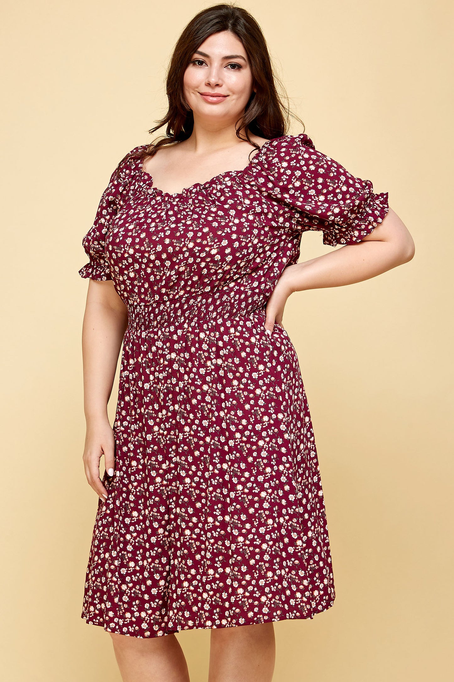 PLUS SIZE PEASANT SMOCKED WAIST DRESS IN PURPLE