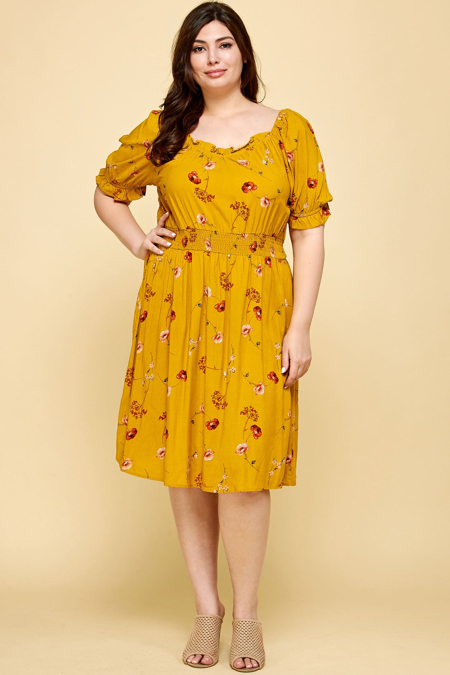 PLUS SIZE PEASANT SMOCKED WAIST DRESS IN YELLOW