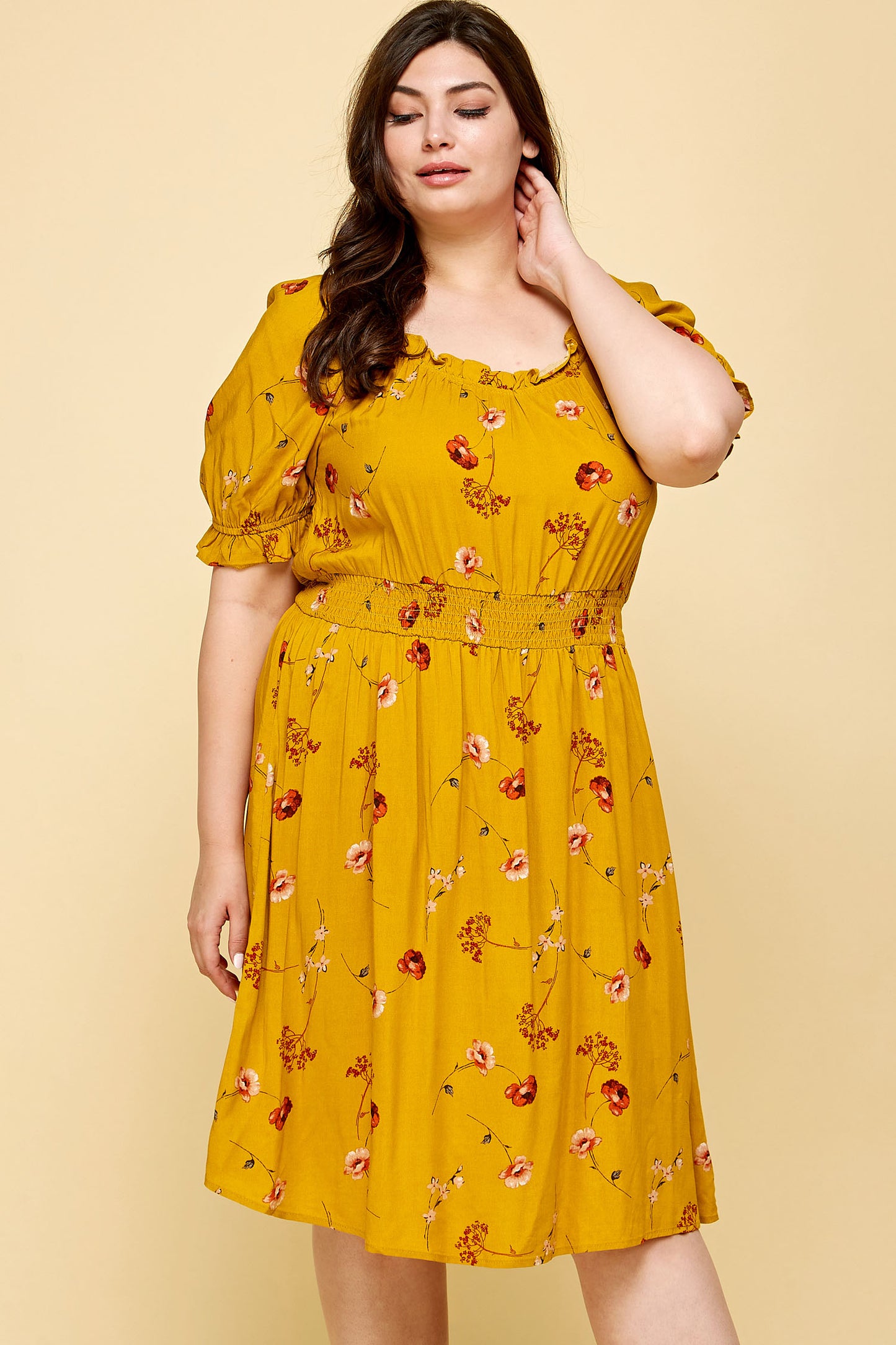 PLUS SIZE PEASANT SMOCKED WAIST DRESS IN YELLOW