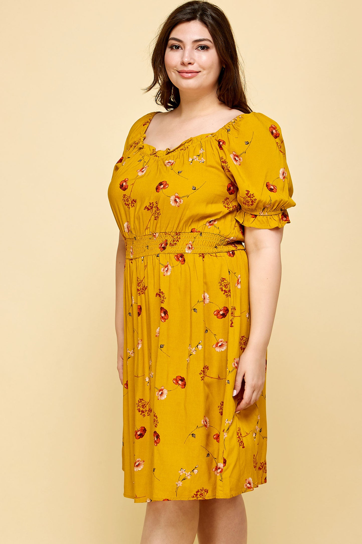 PLUS SIZE PEASANT SMOCKED WAIST DRESS IN YELLOW