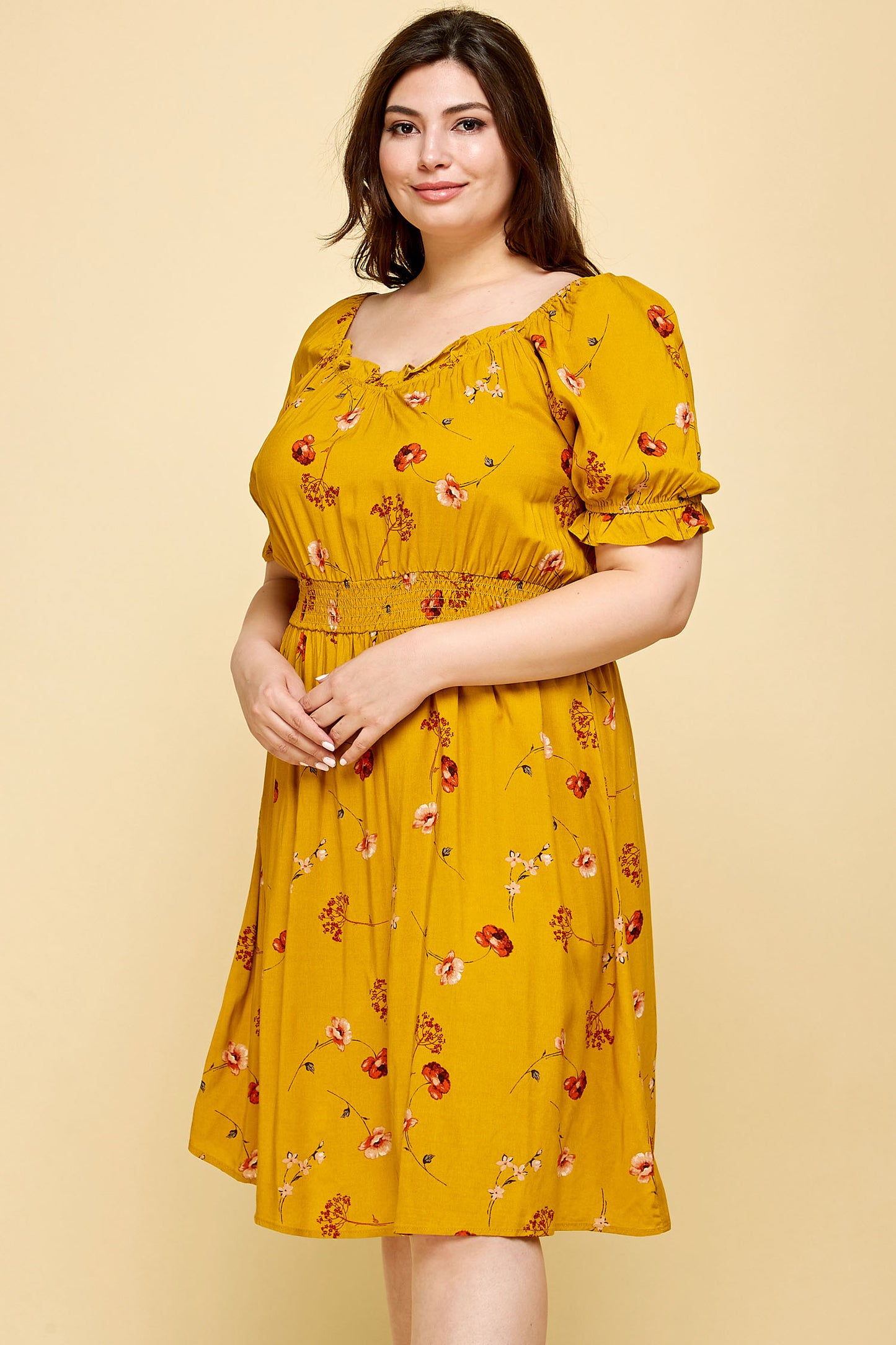 PLUS SIZE PEASANT SMOCKED WAIST DRESS IN YELLOW