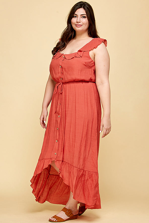 PLUS SIZE BUTTON FRONT RUFFLE HI-LOW MAXI DRESS